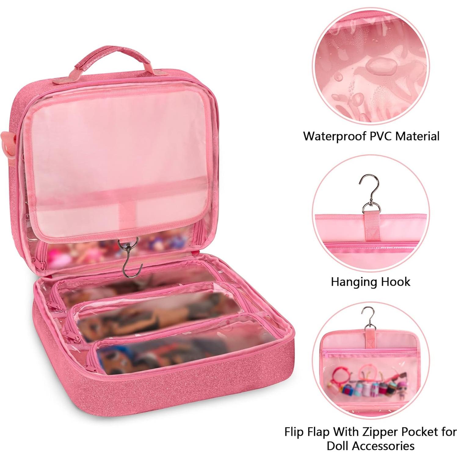 LoDrid Doll Carrying Case Compatible with LOL Surprise OMG, Display Organizer Compatible with Big Sister 3-inch Dolls with a Hanging Hook and 7 Clear Zipper Pockets, Bag Only, Pink(Patent Design)