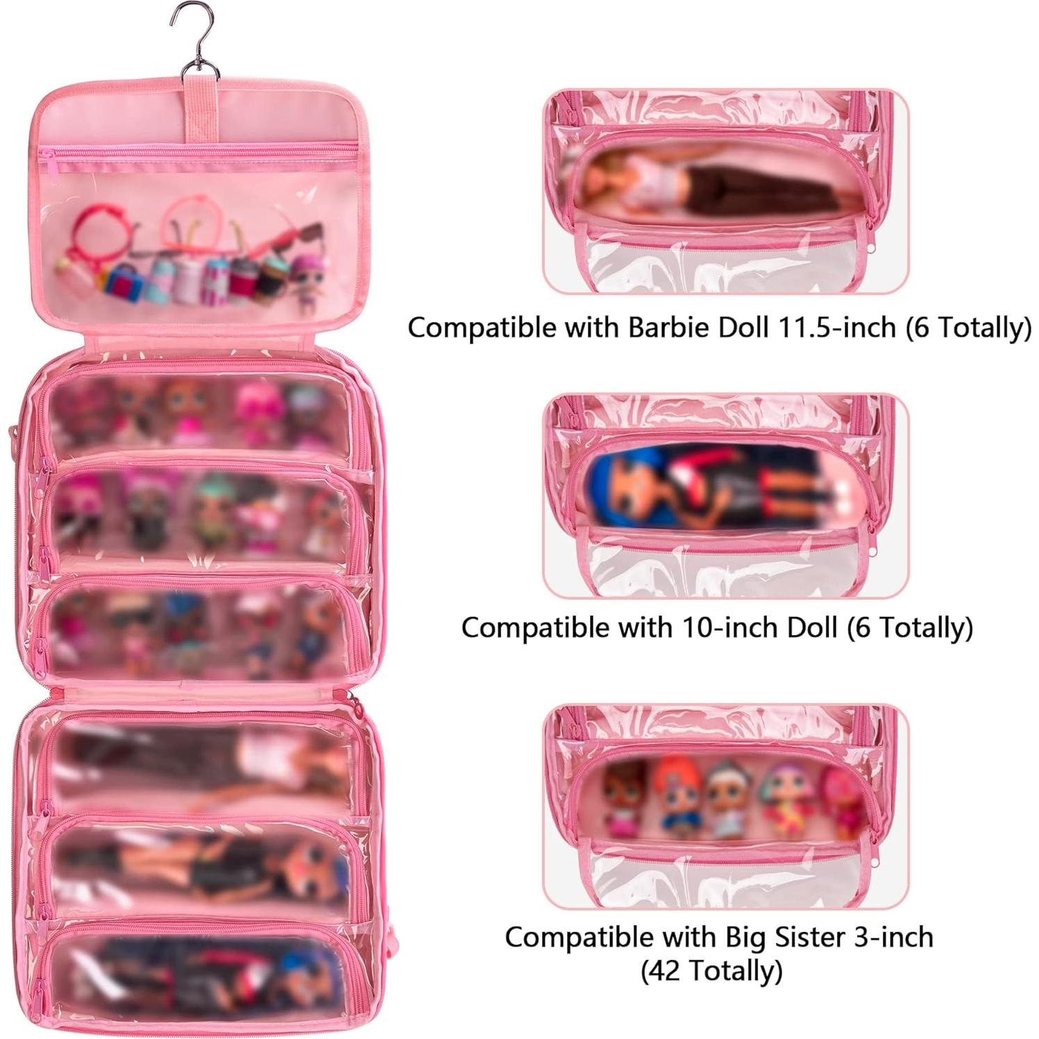 LoDrid Doll Carrying Case Compatible with LOL Surprise OMG, Display Organizer Compatible with Big Sister 3-inch Dolls with a Hanging Hook and 7 Clear Zipper Pockets, Bag Only, Pink(Patent Design)