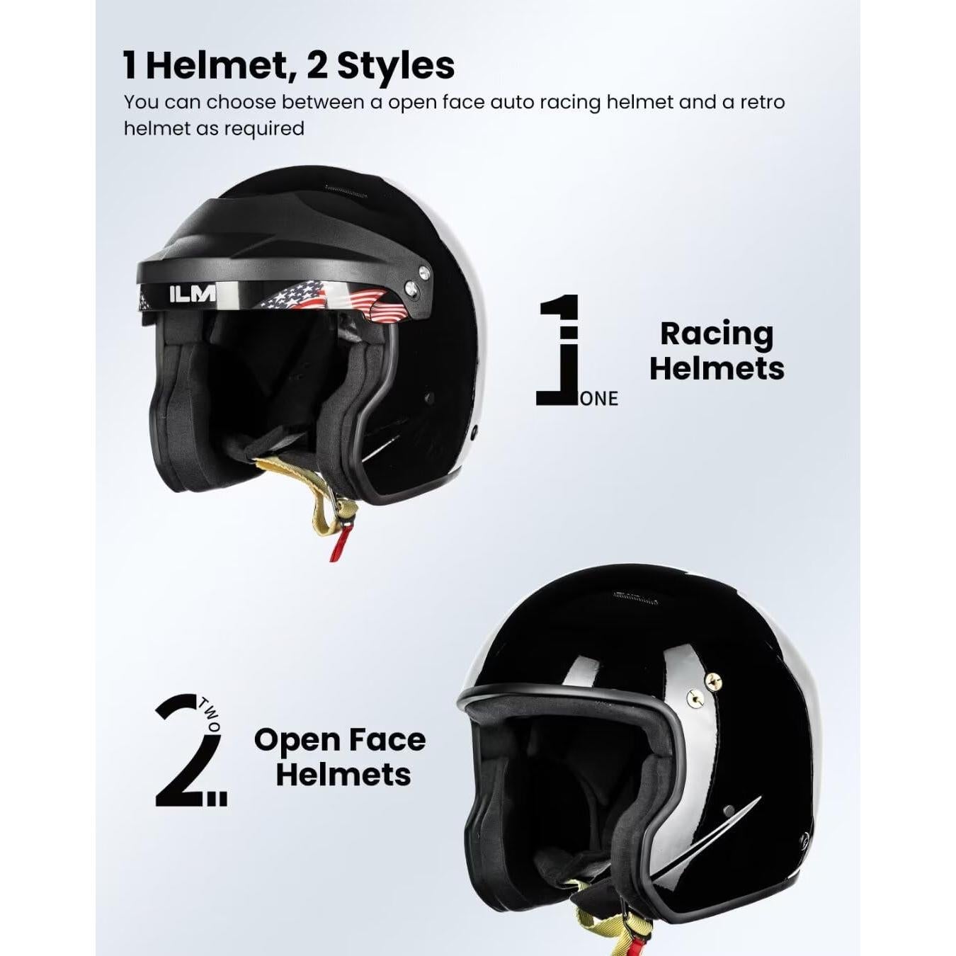 ILM Snell SA2020 Open Face Auto Racing Helmets for Men and Women Model R85 (M, GlossBlack)