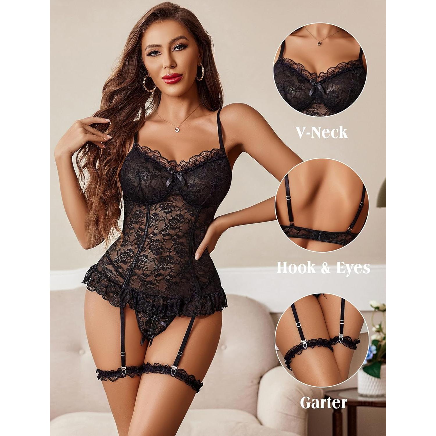 Avidlove Lencería Babydoll de Encaje Negro para Mujeres