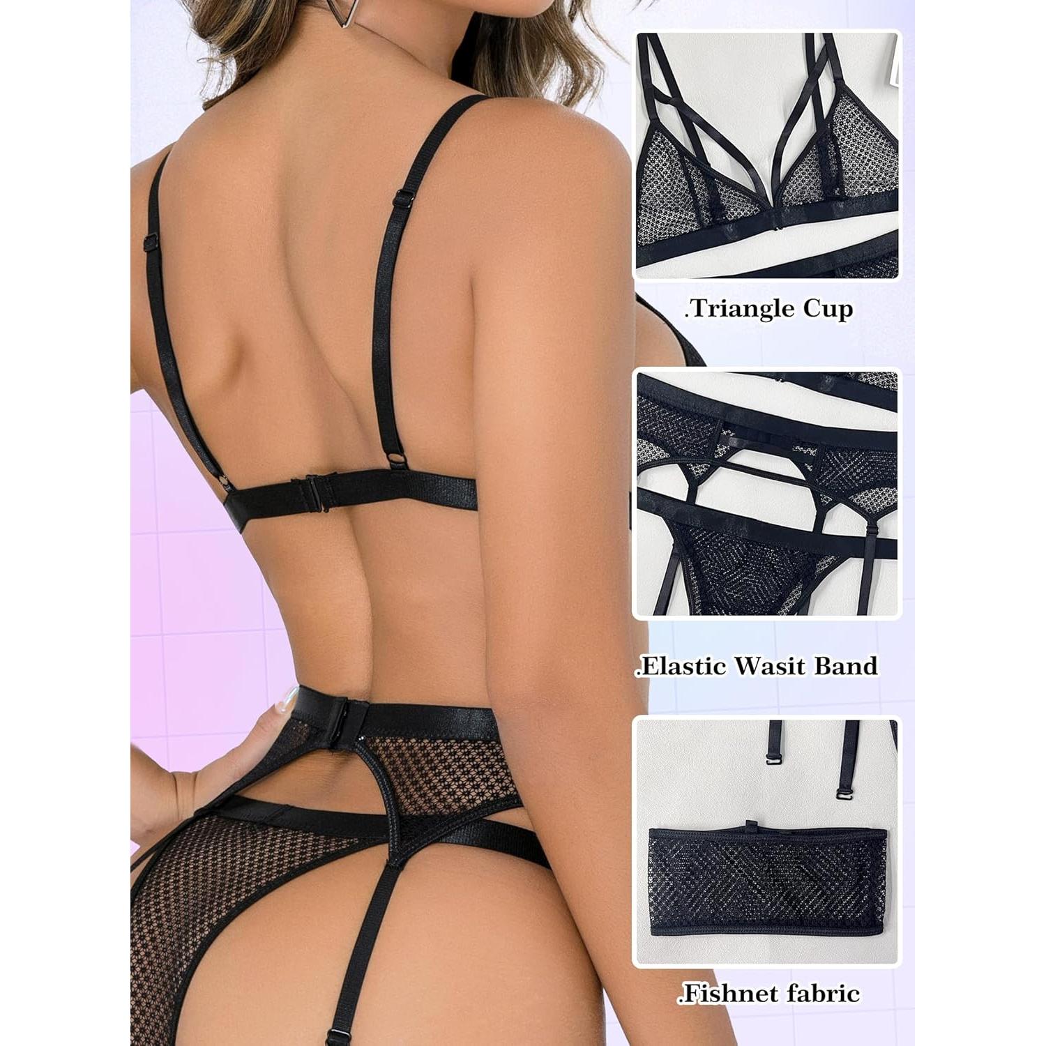 Conjunto de Lencería Sexy Popiv 4 Piezas Negro Mediano