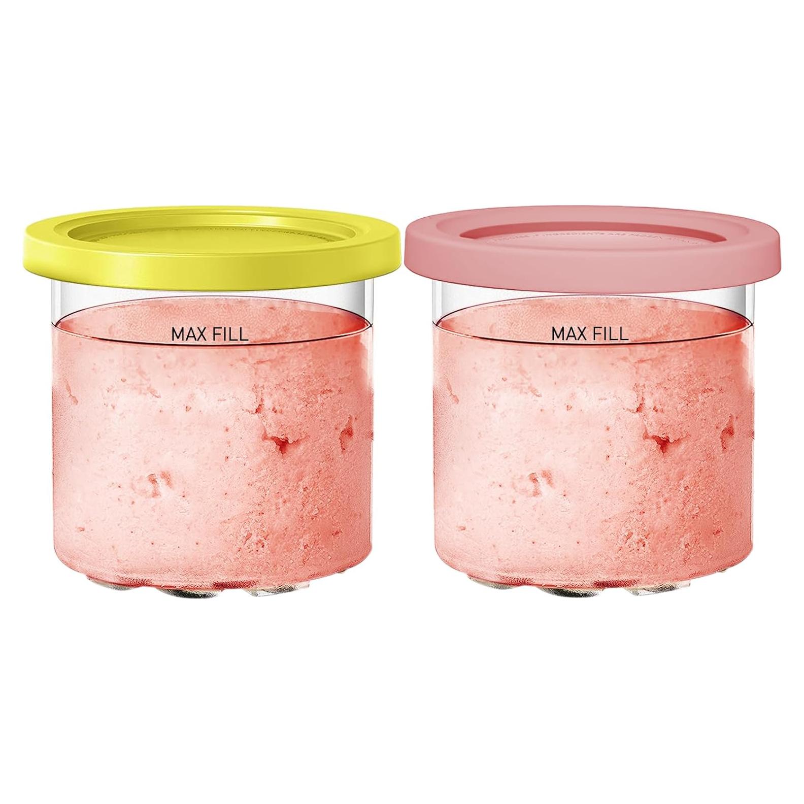 For Ninja Creami NC299AMZ & NC300s Series Ice Cream Makers, Dishwasher Safe, 16 oz Pints with Lid, 2 Pack (Yellow/Pink)