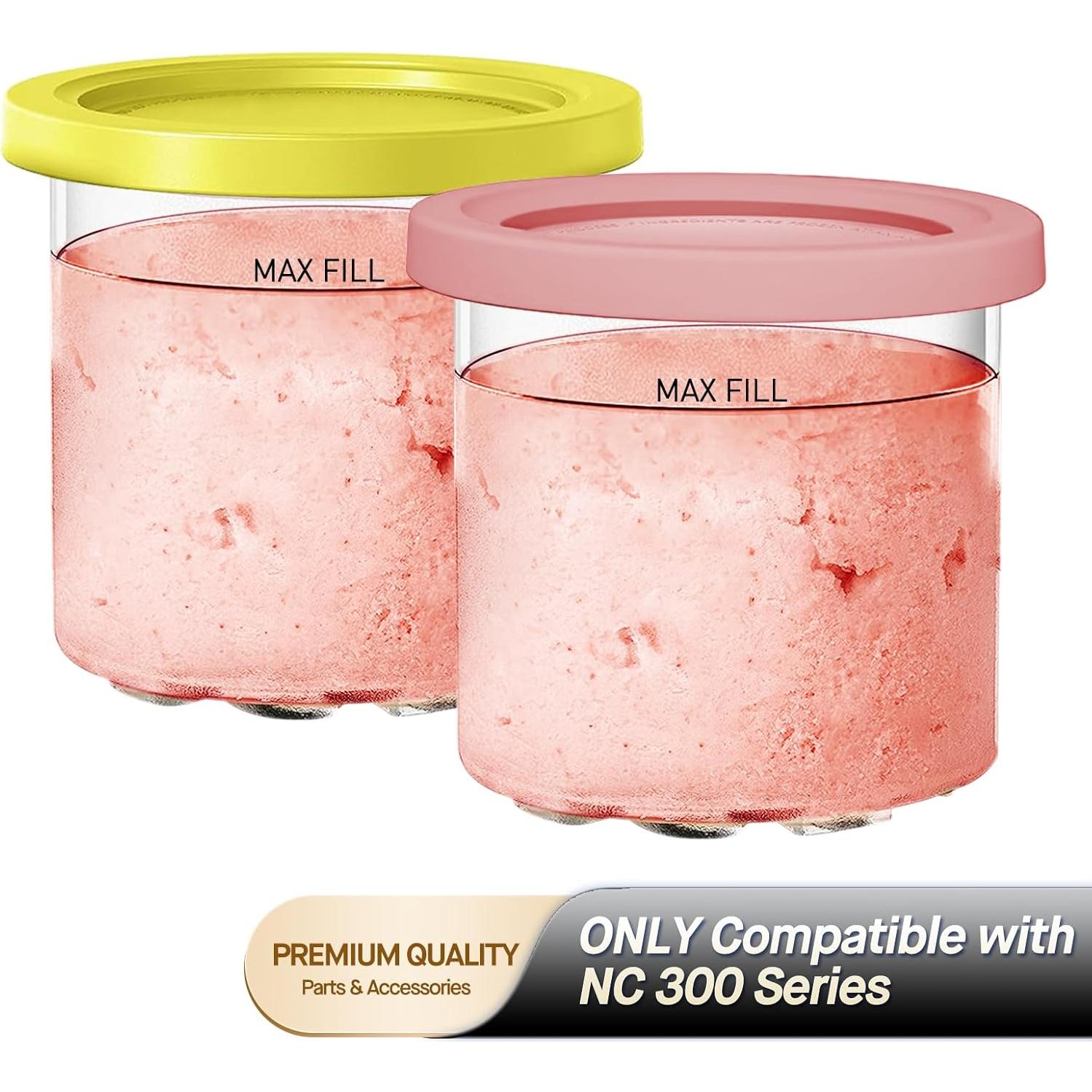 For Ninja Creami NC299AMZ & NC300s Series Ice Cream Makers, Dishwasher Safe, 16 oz Pints with Lid, 2 Pack (Yellow/Pink)