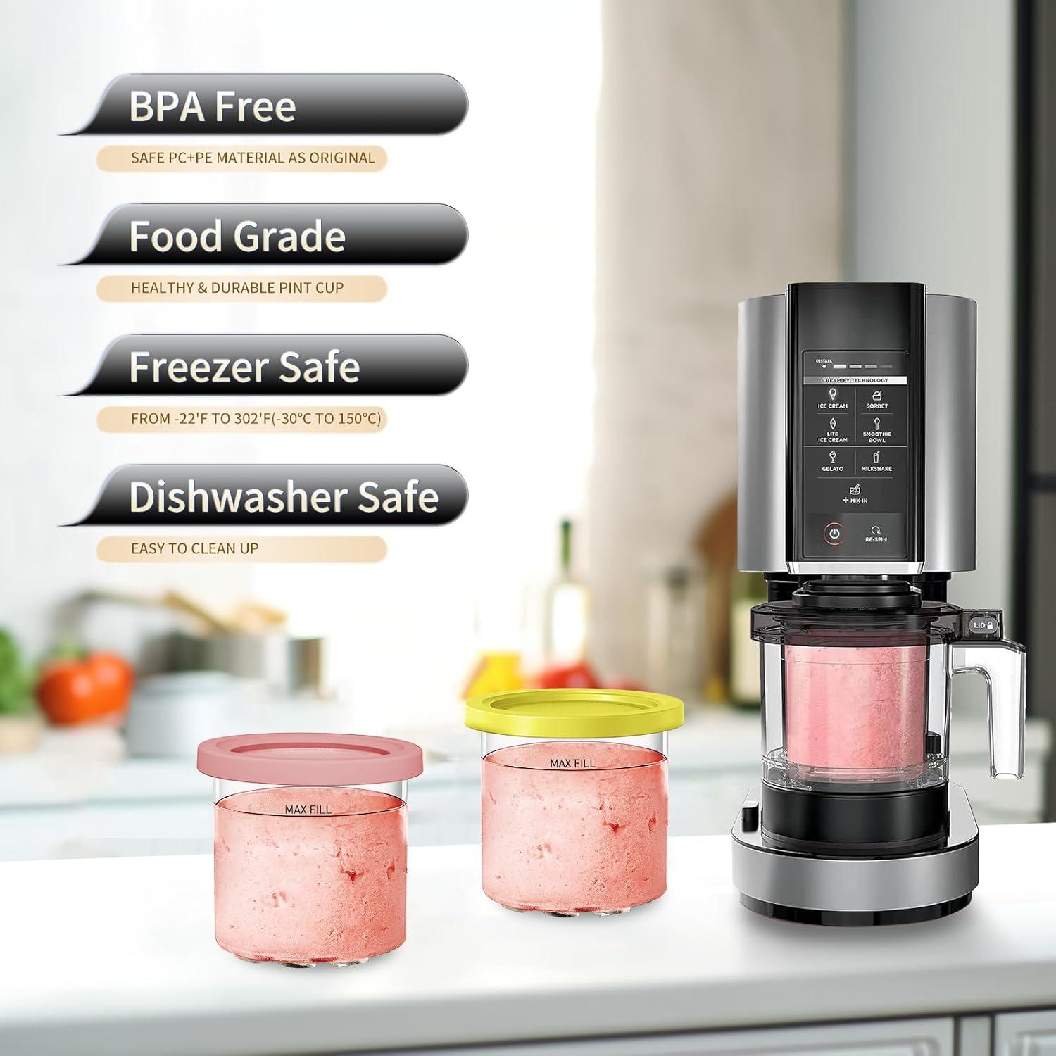 For Ninja Creami NC299AMZ & NC300s Series Ice Cream Makers, Dishwasher Safe, 16 oz Pints with Lid, 2 Pack (Yellow/Pink)