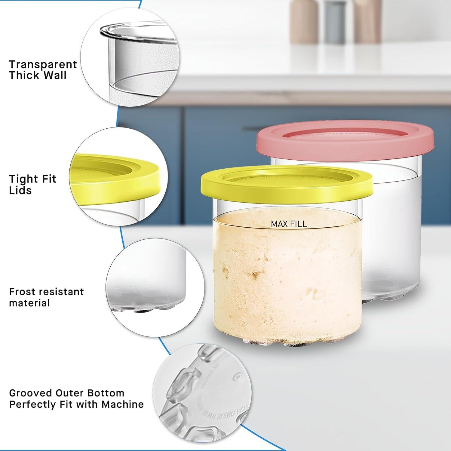 For Ninja Creami NC299AMZ & NC300s Series Ice Cream Makers, Dishwasher Safe, 16 oz Pints with Lid, 2 Pack (Yellow/Pink)