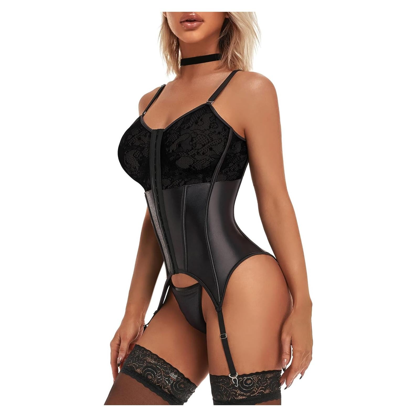 Conjunto de Lencería Sexy de Encaje para Mujeres L-XL Negro