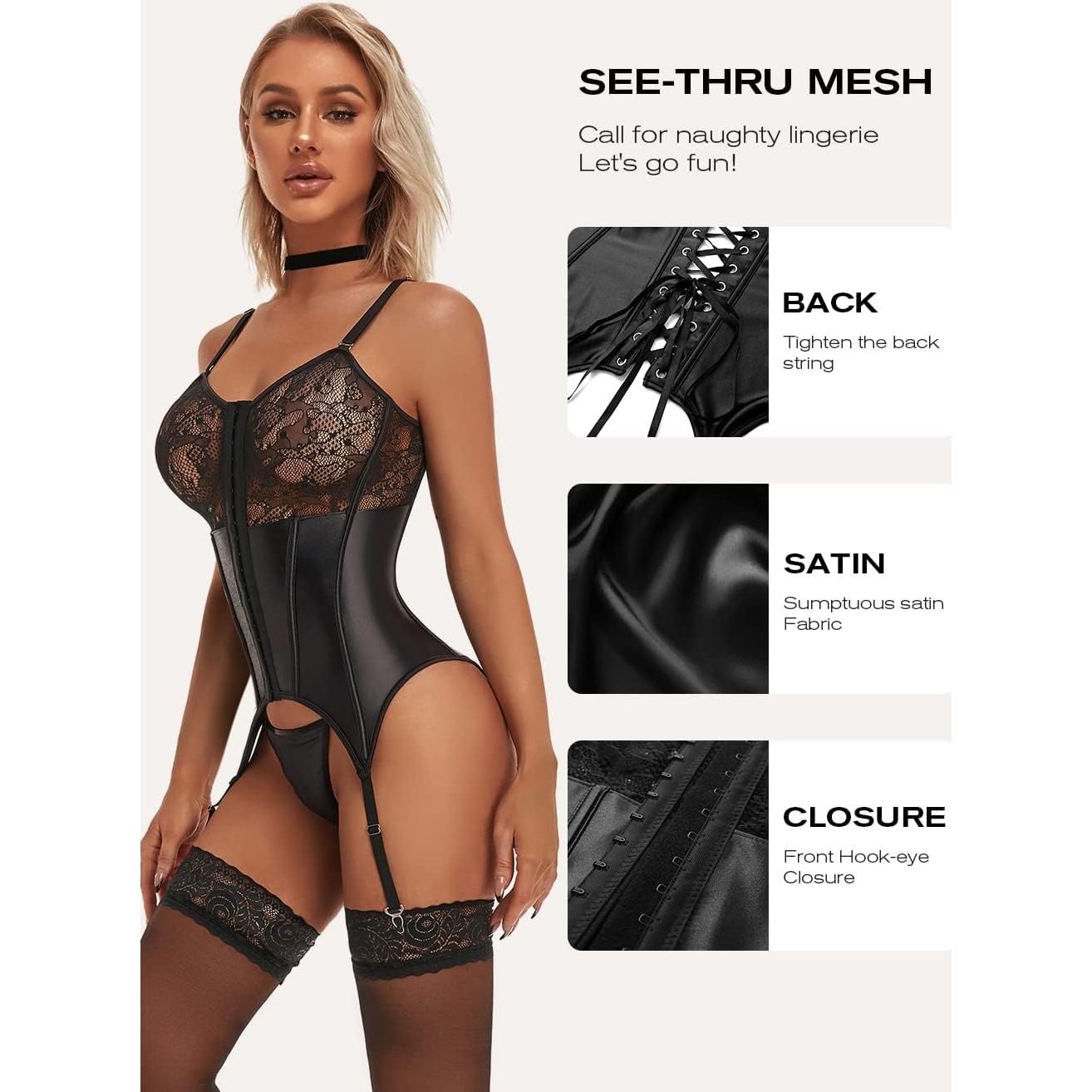 Conjunto de Lencería Sexy de Encaje para Mujeres L-XL Negro