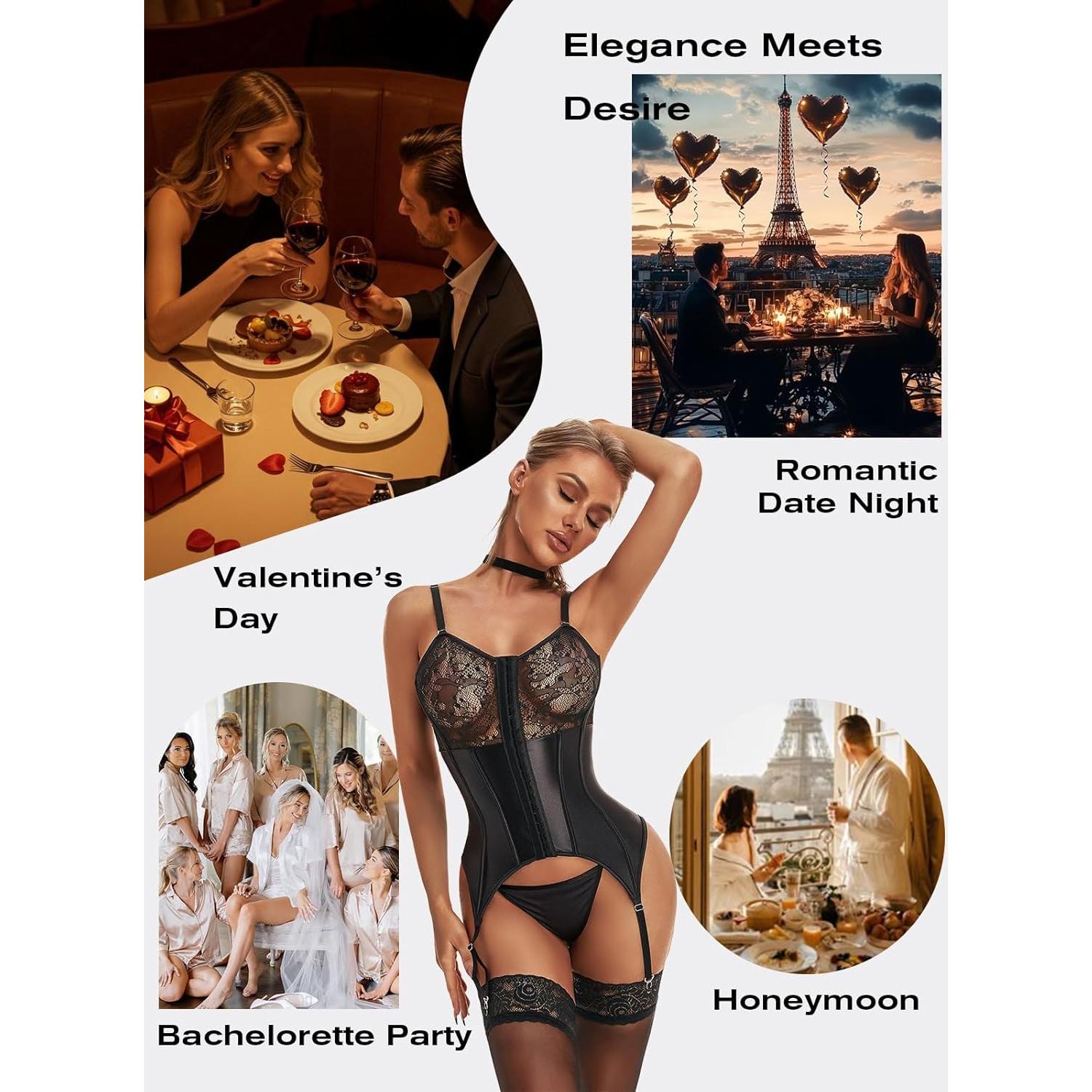 Conjunto de Lencería Sexy de Encaje para Mujeres L-XL Negro