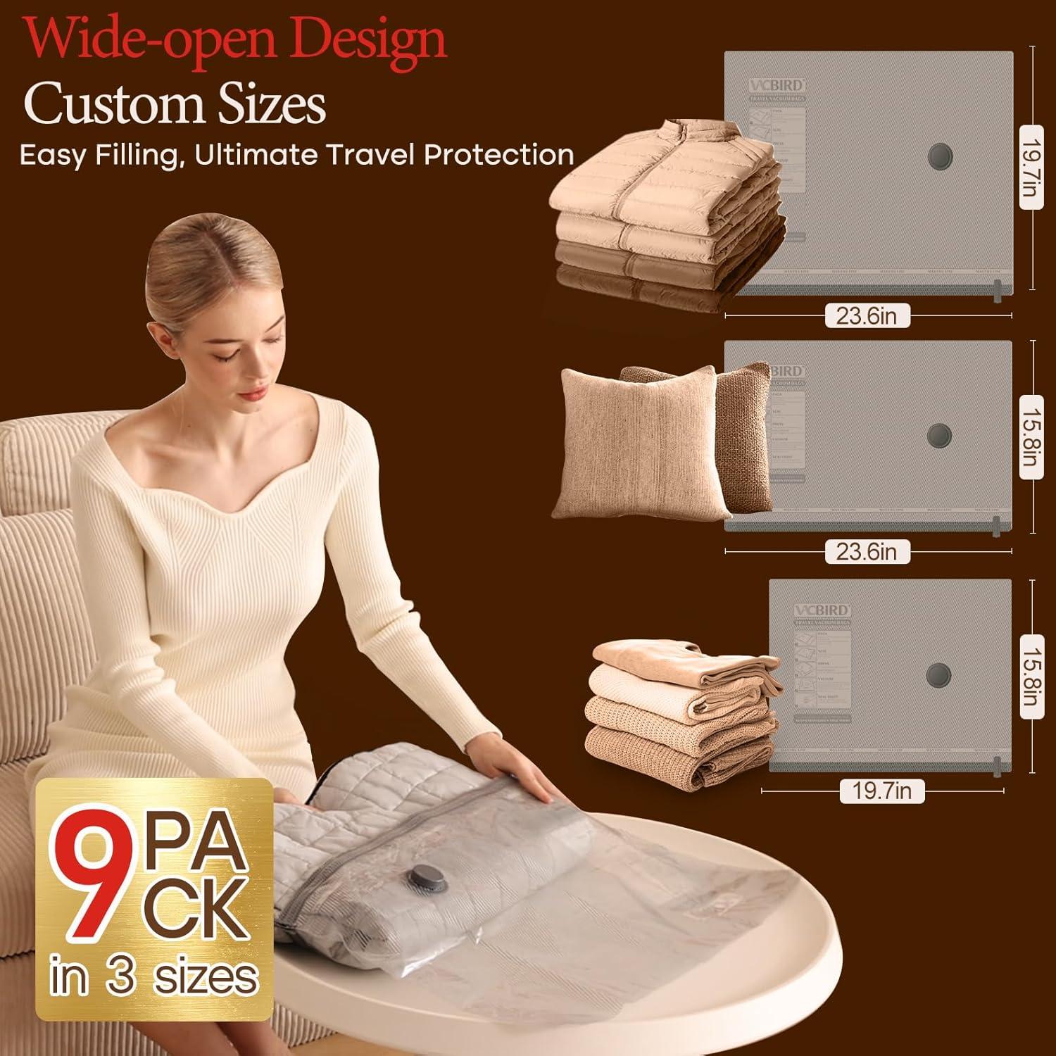 9 Bolsas de Vacío Recargables Vacbird para Viaje 40x60cm