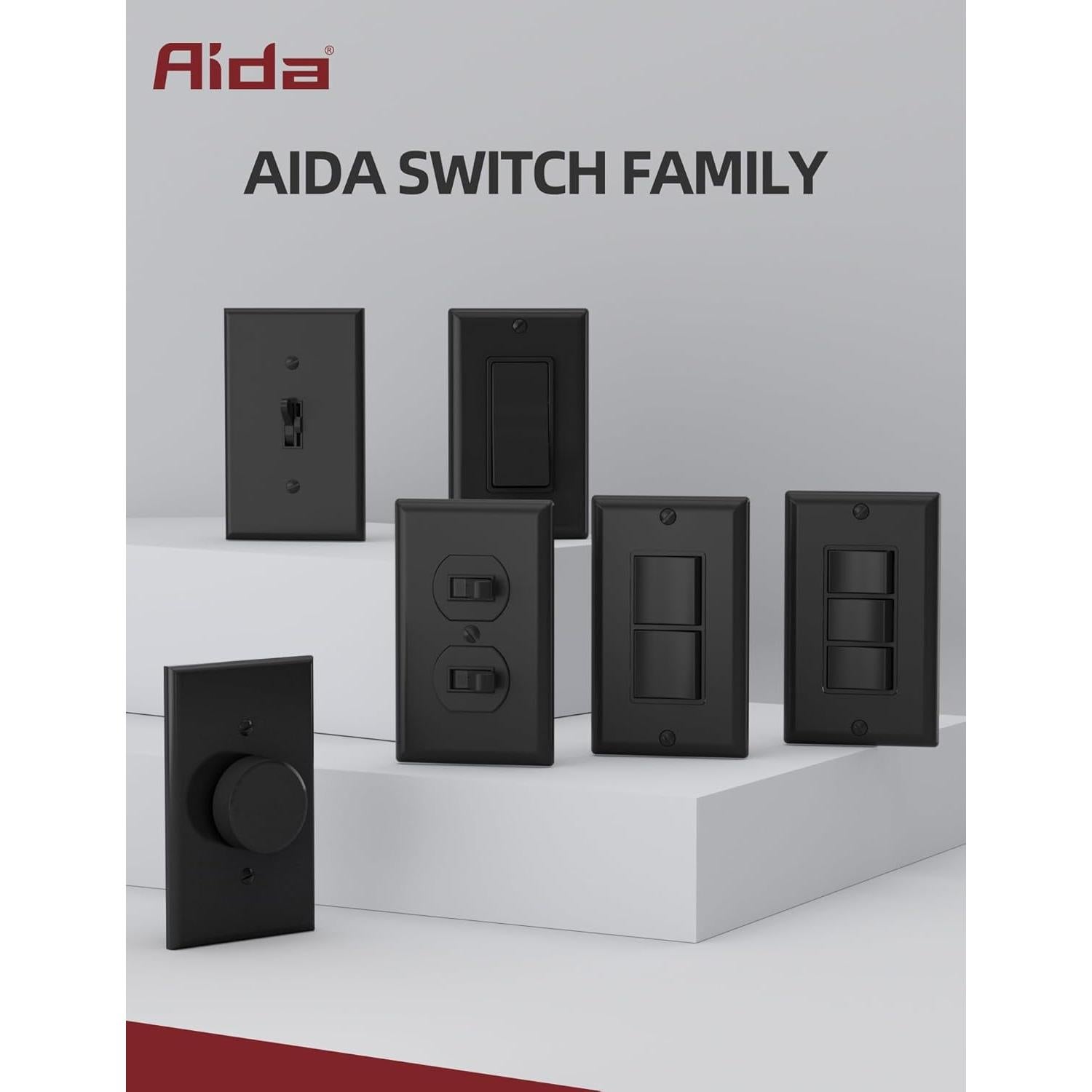 Interruptor de Pared AIDA Negro Mate Un Polo 15A 20 Unidades