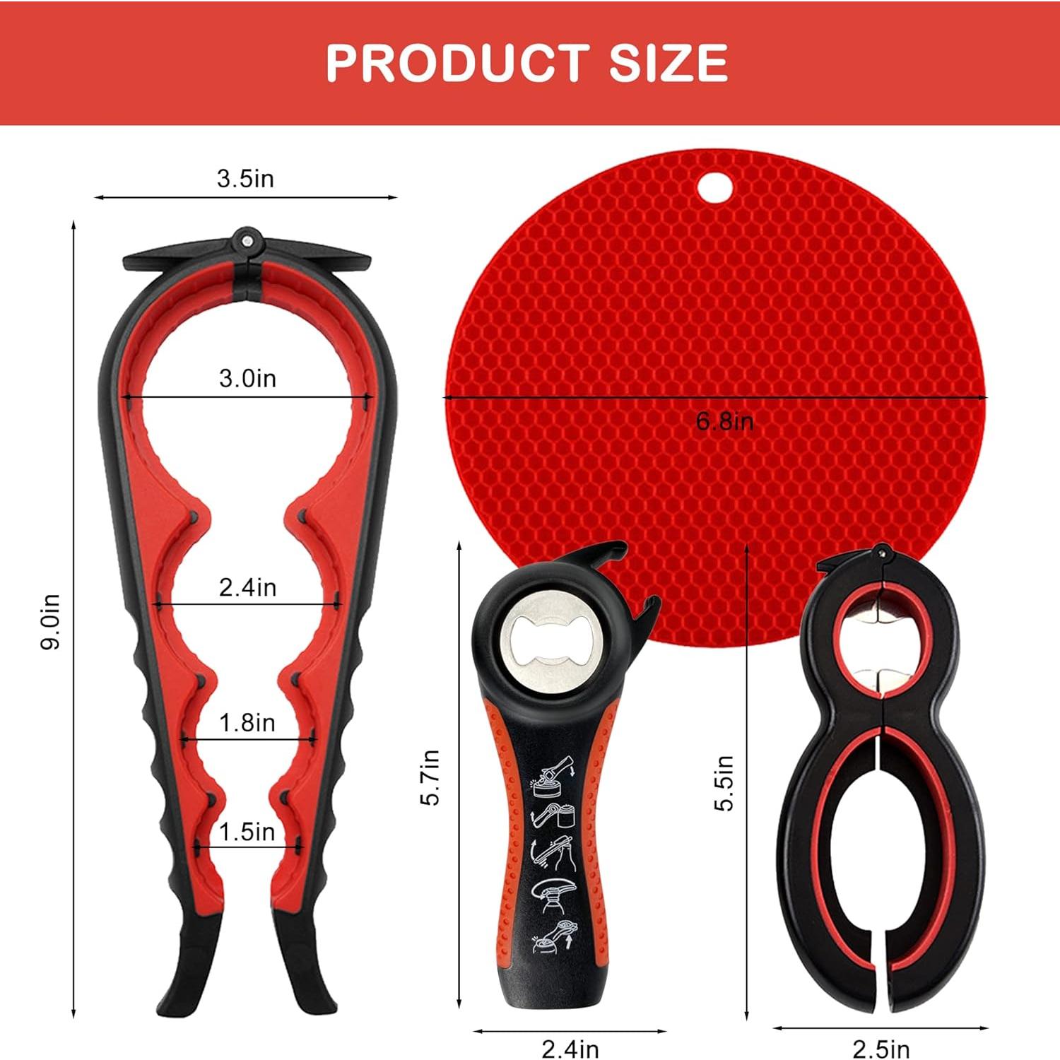 Abridor de frascos 5 en 1 HUMANFUN para manos débiles - Rojo