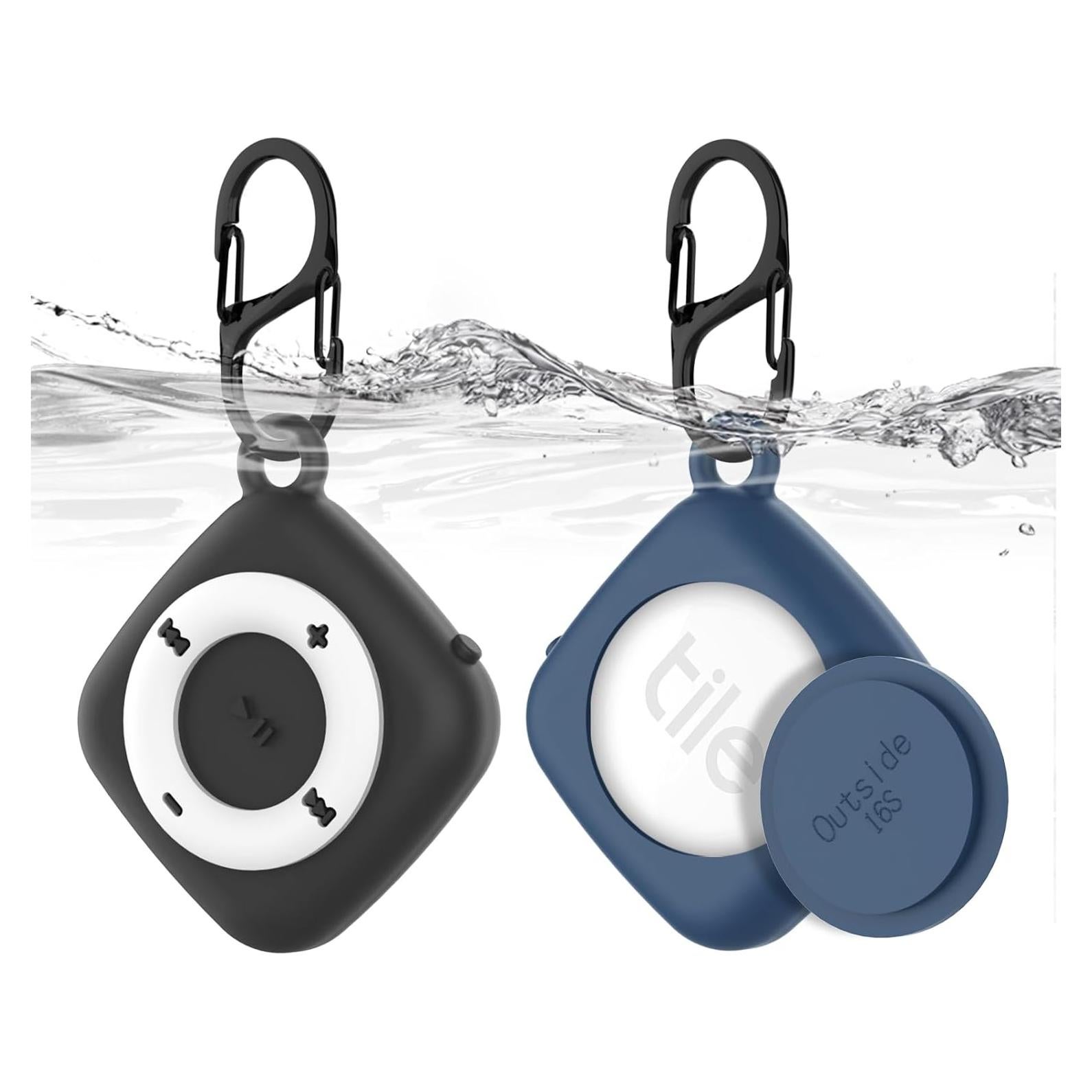 2 Pack Silicone Case for Tile Mate 2022 Tracker, IPX8 Waterproof Protective for Tile Tracker, Full Body Anti-Scratch MP3 Design with Carabiner for Keys, Bags, Cat/Dog Collar Tag (Black+Blue)