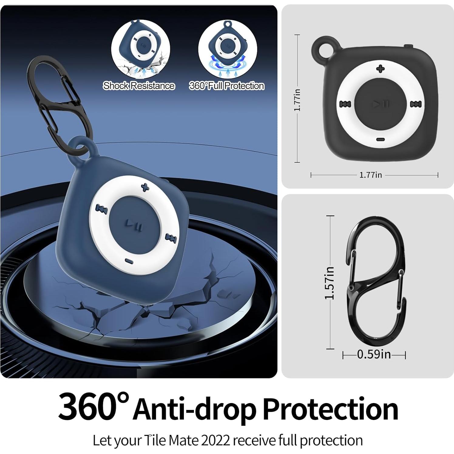 2 Pack Silicone Case for Tile Mate 2022 Tracker, IPX8 Waterproof Protective for Tile Tracker, Full Body Anti-Scratch MP3 Design with Carabiner for Keys, Bags, Cat/Dog Collar Tag (Black+Blue)