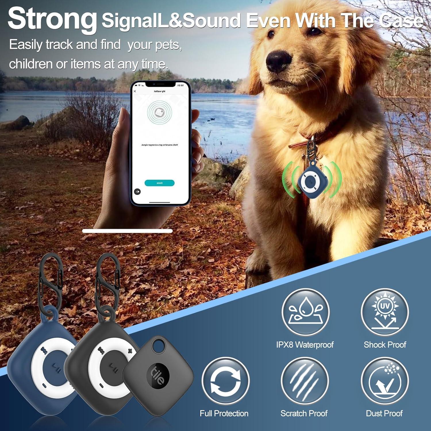 2 Pack Silicone Case for Tile Mate 2022 Tracker, IPX8 Waterproof Protective for Tile Tracker, Full Body Anti-Scratch MP3 Design with Carabiner for Keys, Bags, Cat/Dog Collar Tag (Black+Blue)