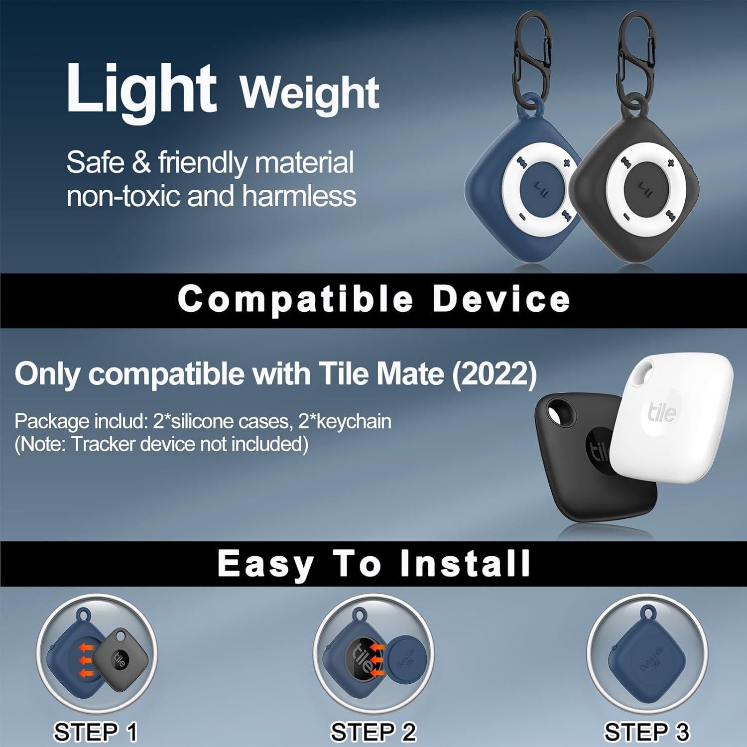 2 Pack Silicone Case for Tile Mate 2022 Tracker, IPX8 Waterproof Protective for Tile Tracker, Full Body Anti-Scratch MP3 Design with Carabiner for Keys, Bags, Cat/Dog Collar Tag (Black+Blue)