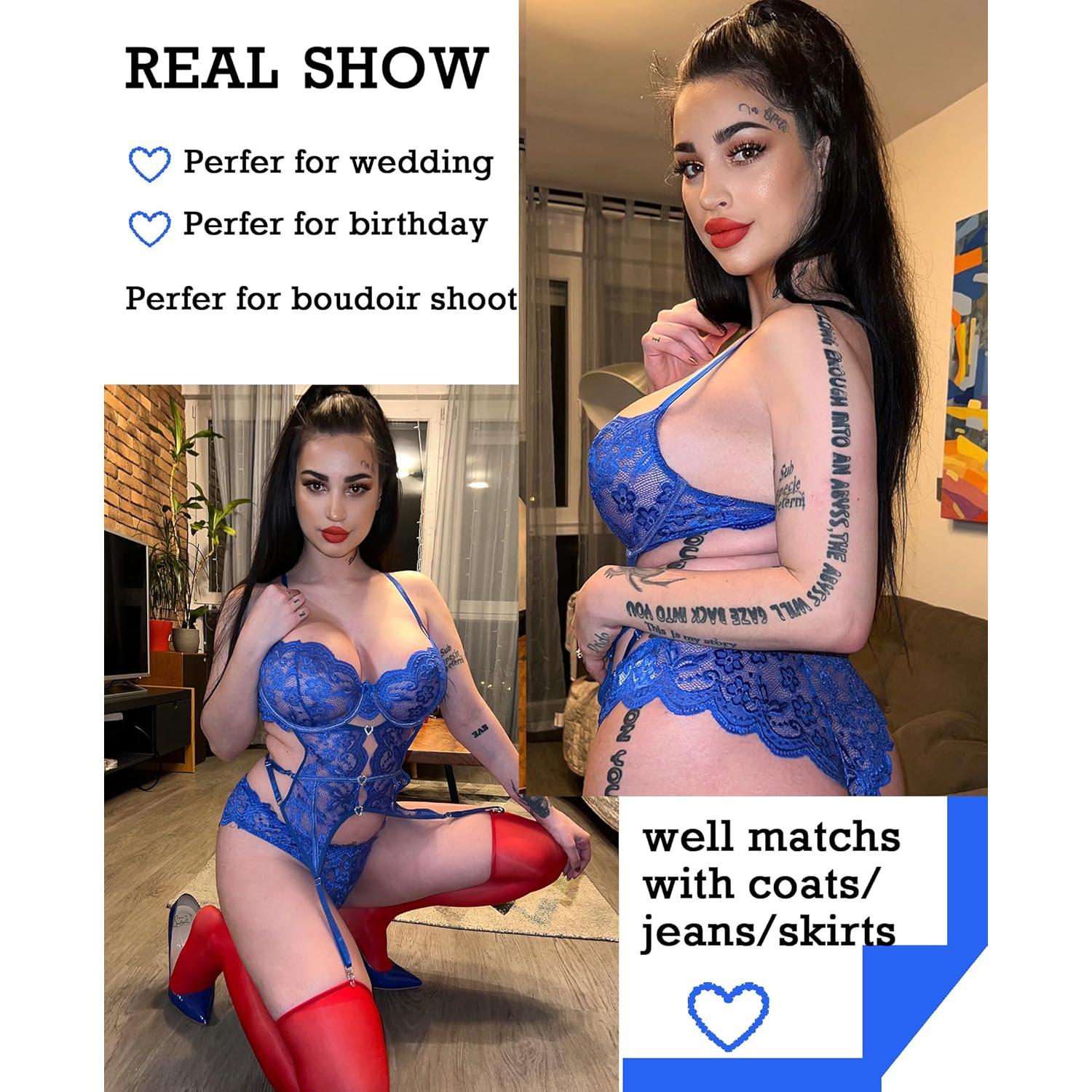 Conjunto Lencería Sexy Avidlove Body Encaje Azul con Ligueros