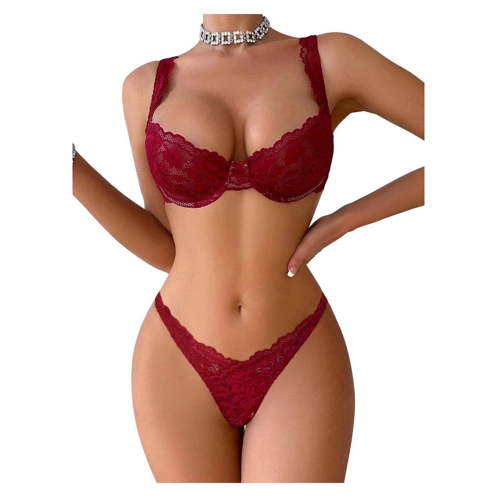 Conjunto Lencería Push Up Aros Encaje Floral Lilosy Rojo