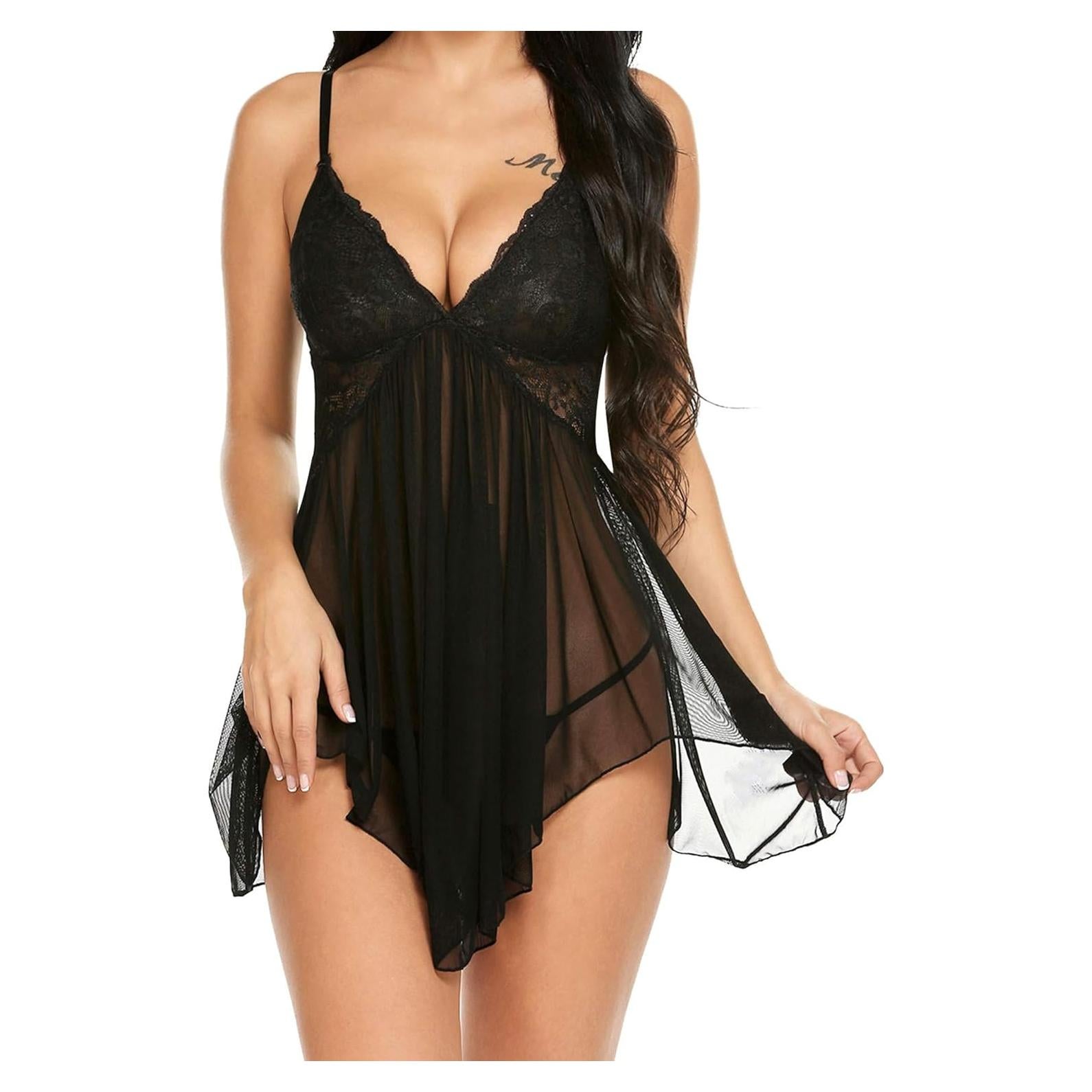 Babydoll Avidlove Lencería Sexy Encaje V Negro Talla Grande