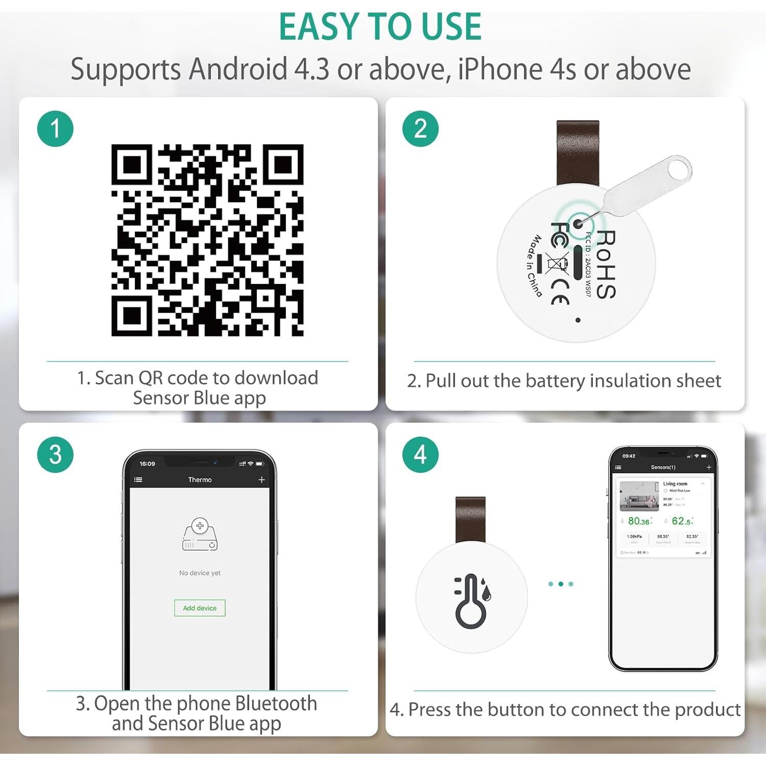 Termómetro Higrómetro Inalámbrico ORIA, 2 PCS, Bluetooth, Alerta