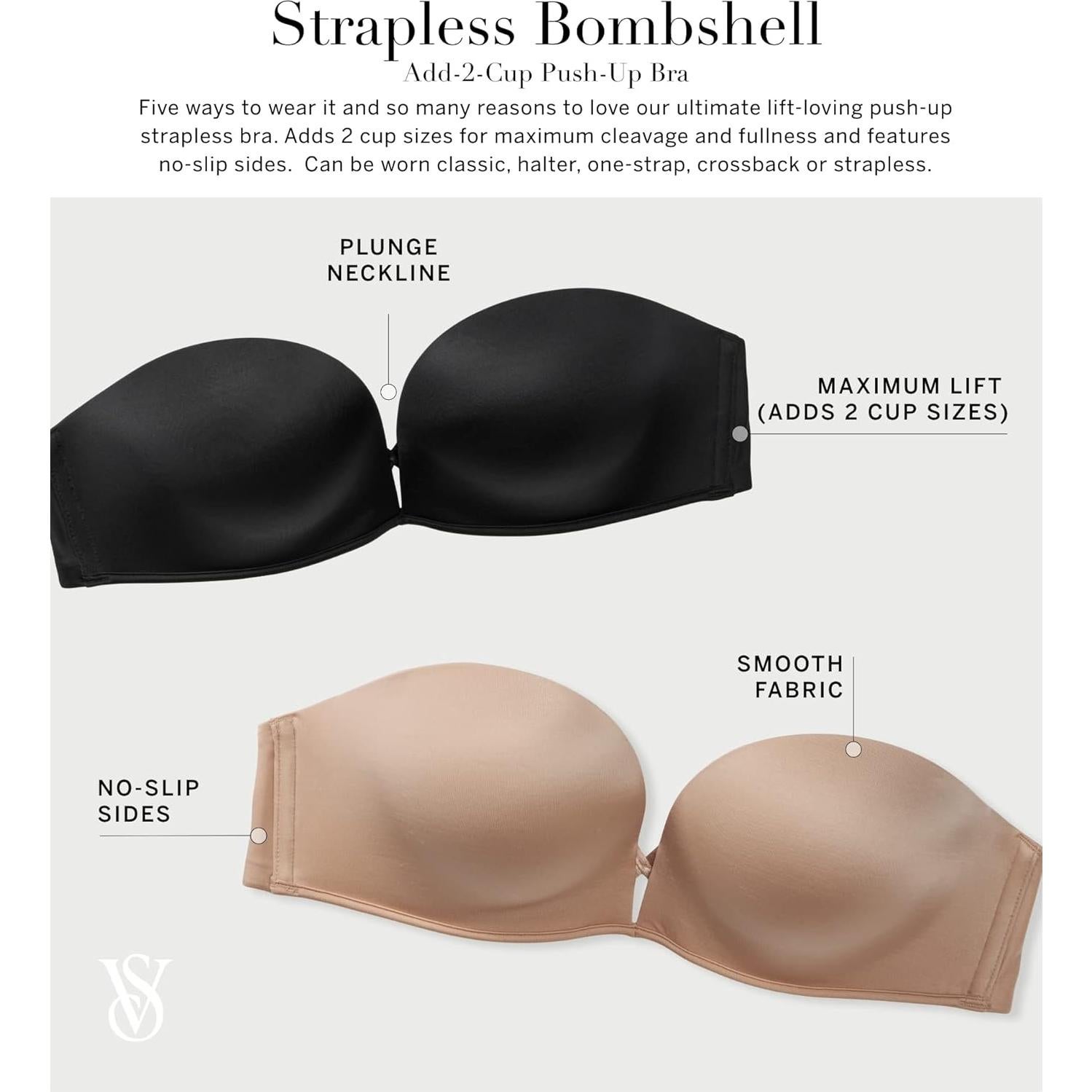 Sujetador sin tirantes Bombshell Push Up Victoria's Secret 34B Negro
