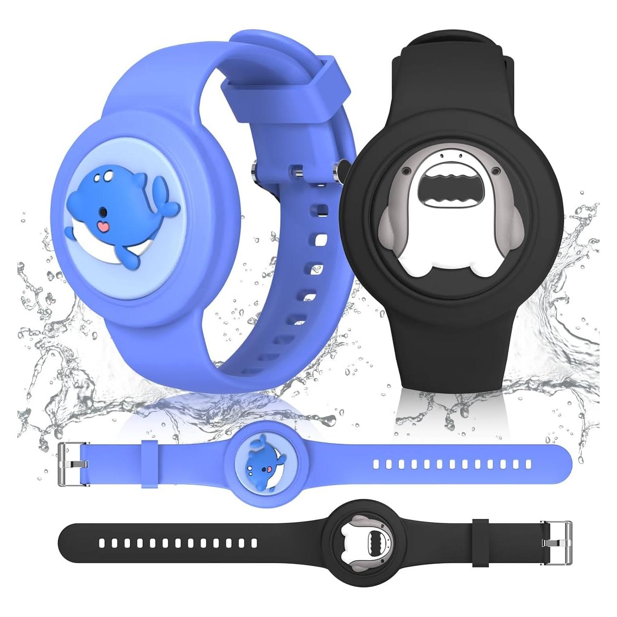 Cute Bracelet for AirTag Waterproof [2-Pack], Cartoon Air Tag Holder Shark & Dolphin Design Kids Air Tag Bracelet, Full Coverage Soft Silicone Airtag Case for Toddler Child Adult (Black+Blue)