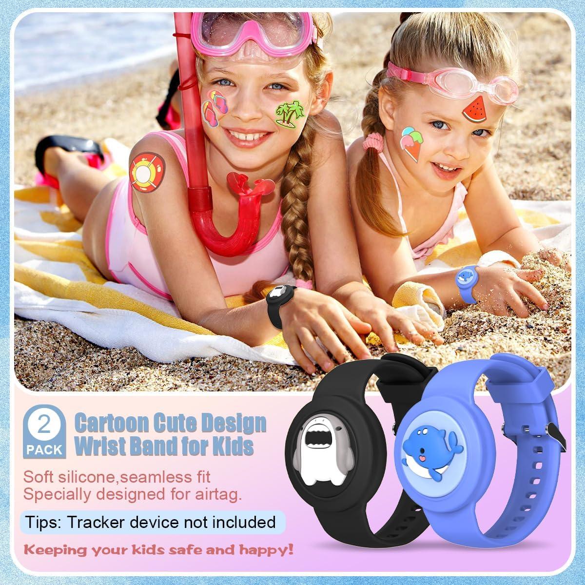 Cute Bracelet for AirTag Waterproof [2-Pack], Cartoon Air Tag Holder Shark & Dolphin Design Kids Air Tag Bracelet, Full Coverage Soft Silicone Airtag Case for Toddler Child Adult (Black+Blue)
