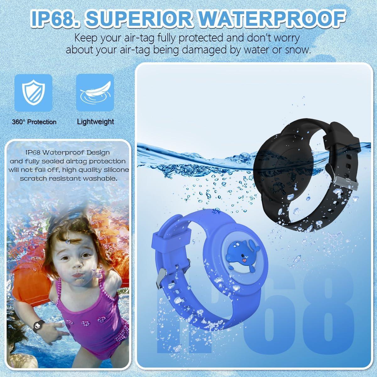 Cute Bracelet for AirTag Waterproof [2-Pack], Cartoon Air Tag Holder Shark & Dolphin Design Kids Air Tag Bracelet, Full Coverage Soft Silicone Airtag Case for Toddler Child Adult (Black+Blue)