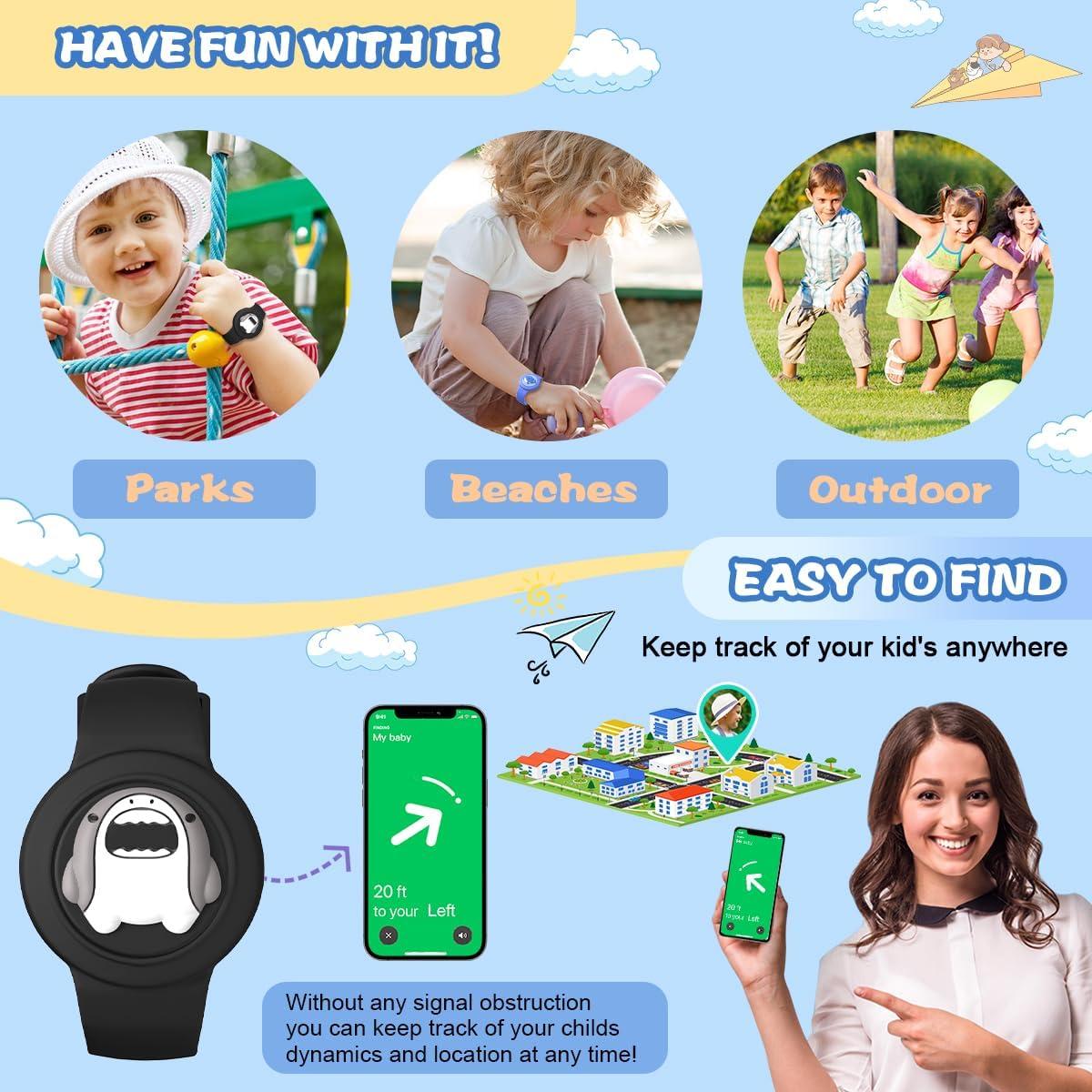 Cute Bracelet for AirTag Waterproof [2-Pack], Cartoon Air Tag Holder Shark & Dolphin Design Kids Air Tag Bracelet, Full Coverage Soft Silicone Airtag Case for Toddler Child Adult (Black+Blue)