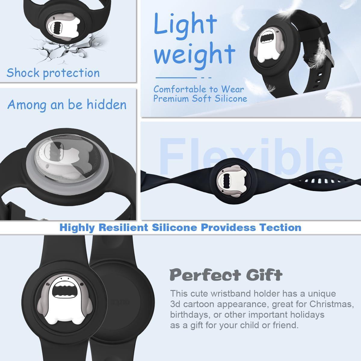 Cute Bracelet for AirTag Waterproof [2-Pack], Cartoon Air Tag Holder Shark & Dolphin Design Kids Air Tag Bracelet, Full Coverage Soft Silicone Airtag Case for Toddler Child Adult (Black+Blue)