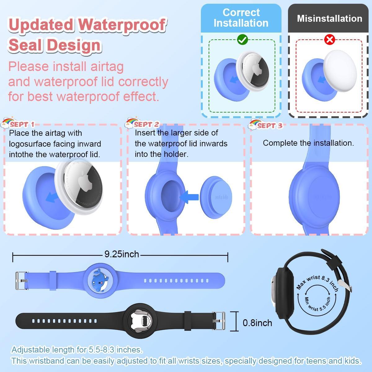 Cute Bracelet for AirTag Waterproof [2-Pack], Cartoon Air Tag Holder Shark & Dolphin Design Kids Air Tag Bracelet, Full Coverage Soft Silicone Airtag Case for Toddler Child Adult (Black+Blue)