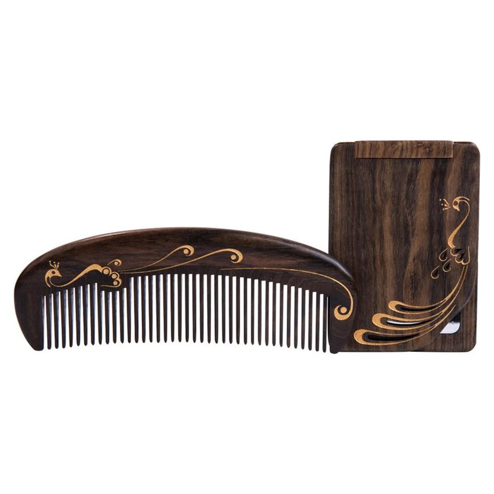 Peine de Madera Natural Antiestático Pavo Real1 25x20cm