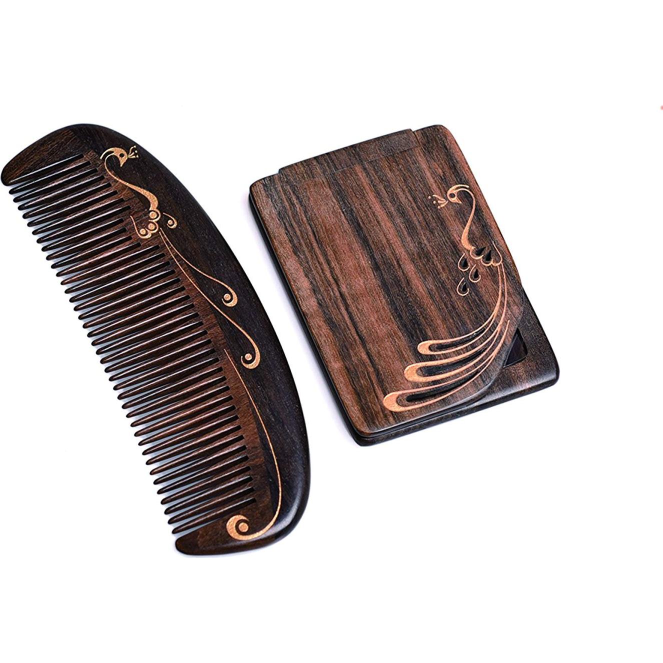 Peine de Madera Natural Antiestático Pavo Real1 25x20cm