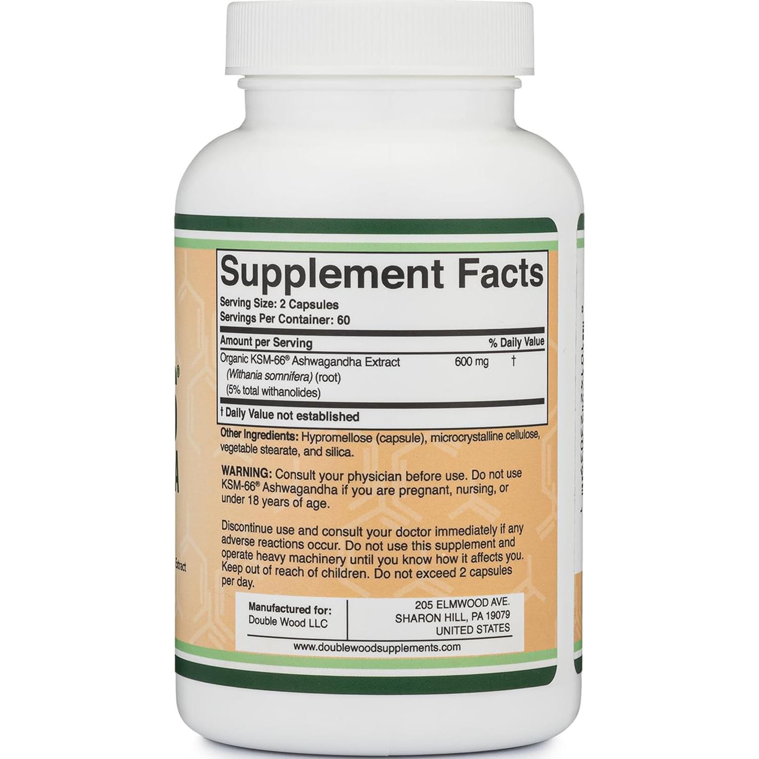 Suplemento Adaptógeno Double Wood Ashwagandha KSM 66 600mg 120 Cápsulas