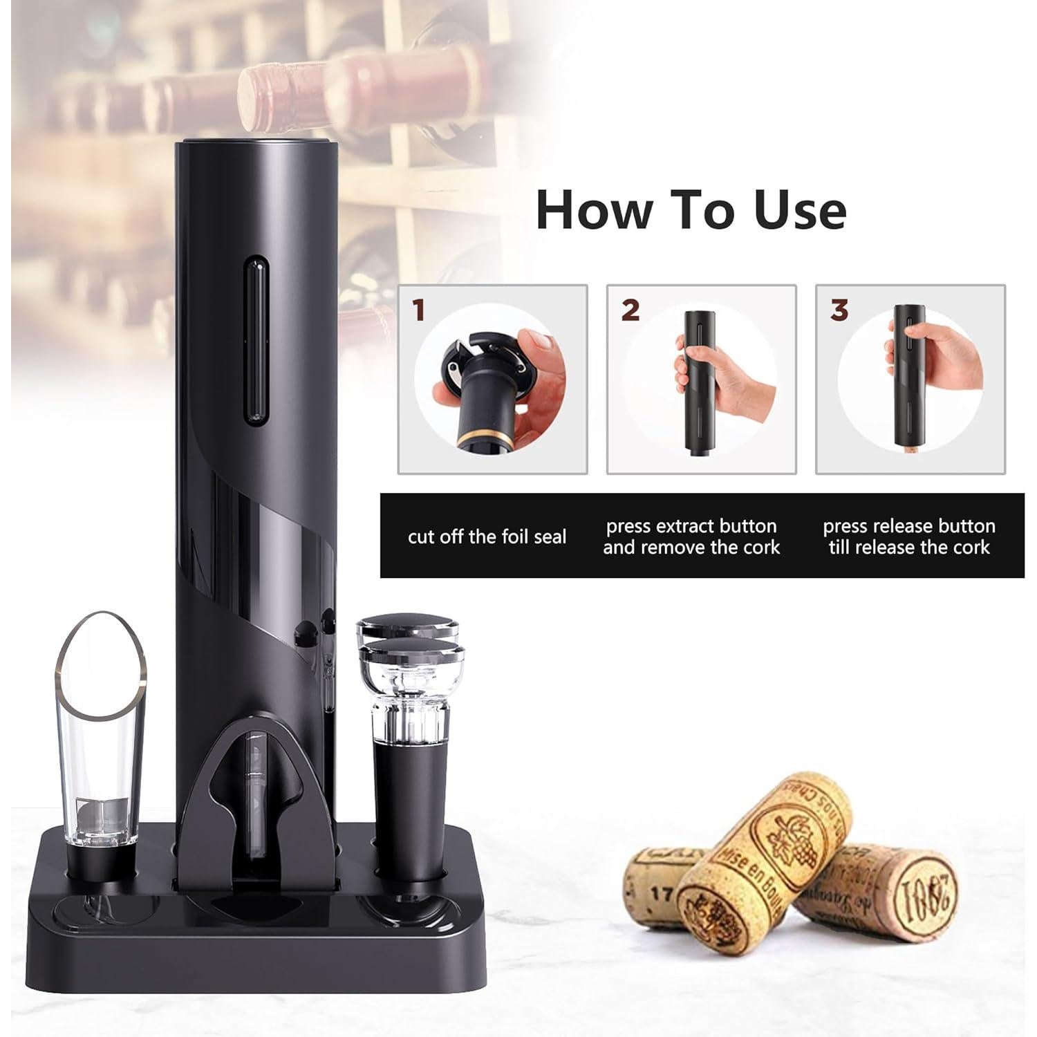 Sacacorchos Eléctrico COKUNST con Accesorios 4-en-1 para Vino