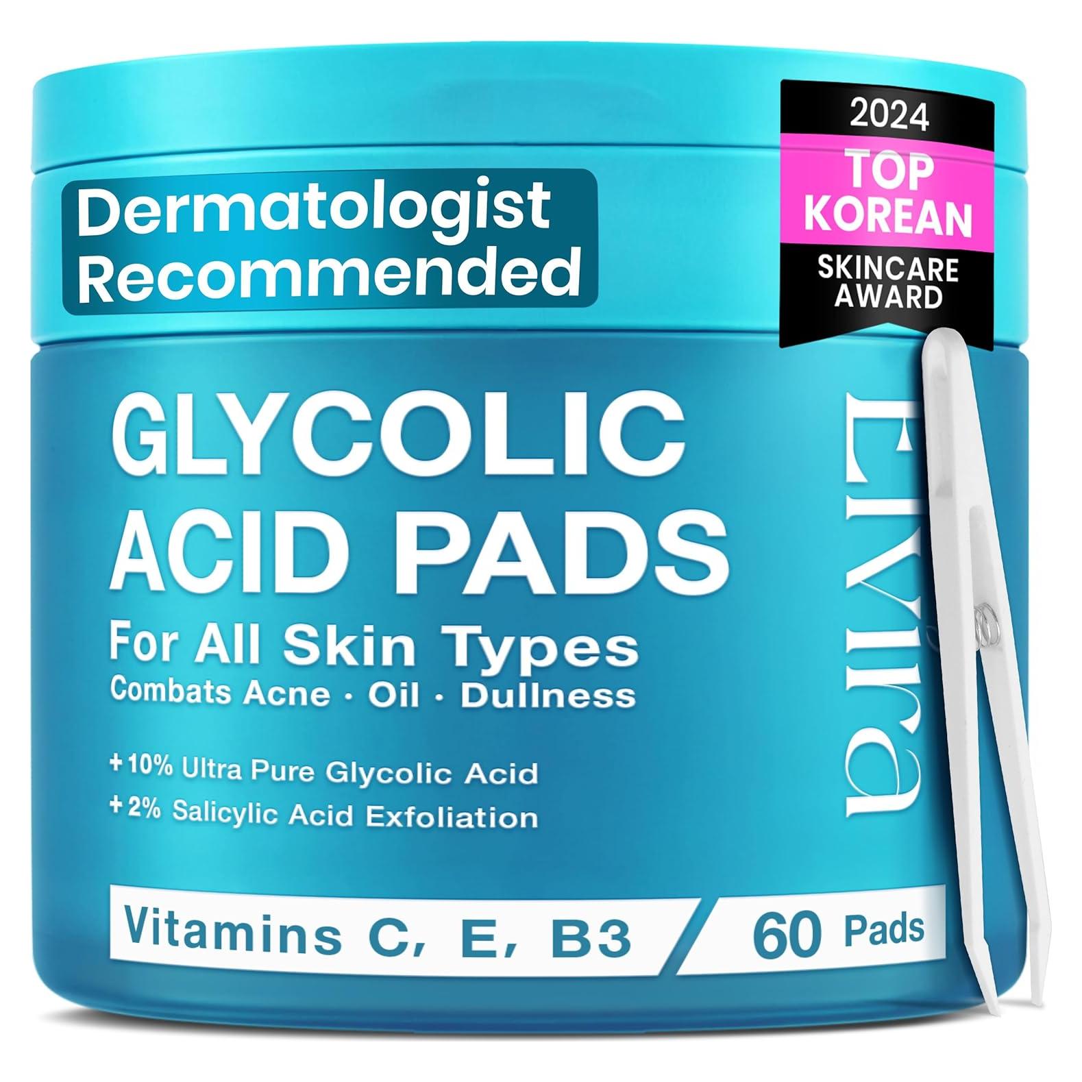 Elvira Glycolic Acid Exfoliating Facial Pads With 10% Glycolic Acid, 2% Salicylic Acid & Niacinamide - 60 Toner Pads, Daily Peel Treatment for Acne Prone Sensitive Skin