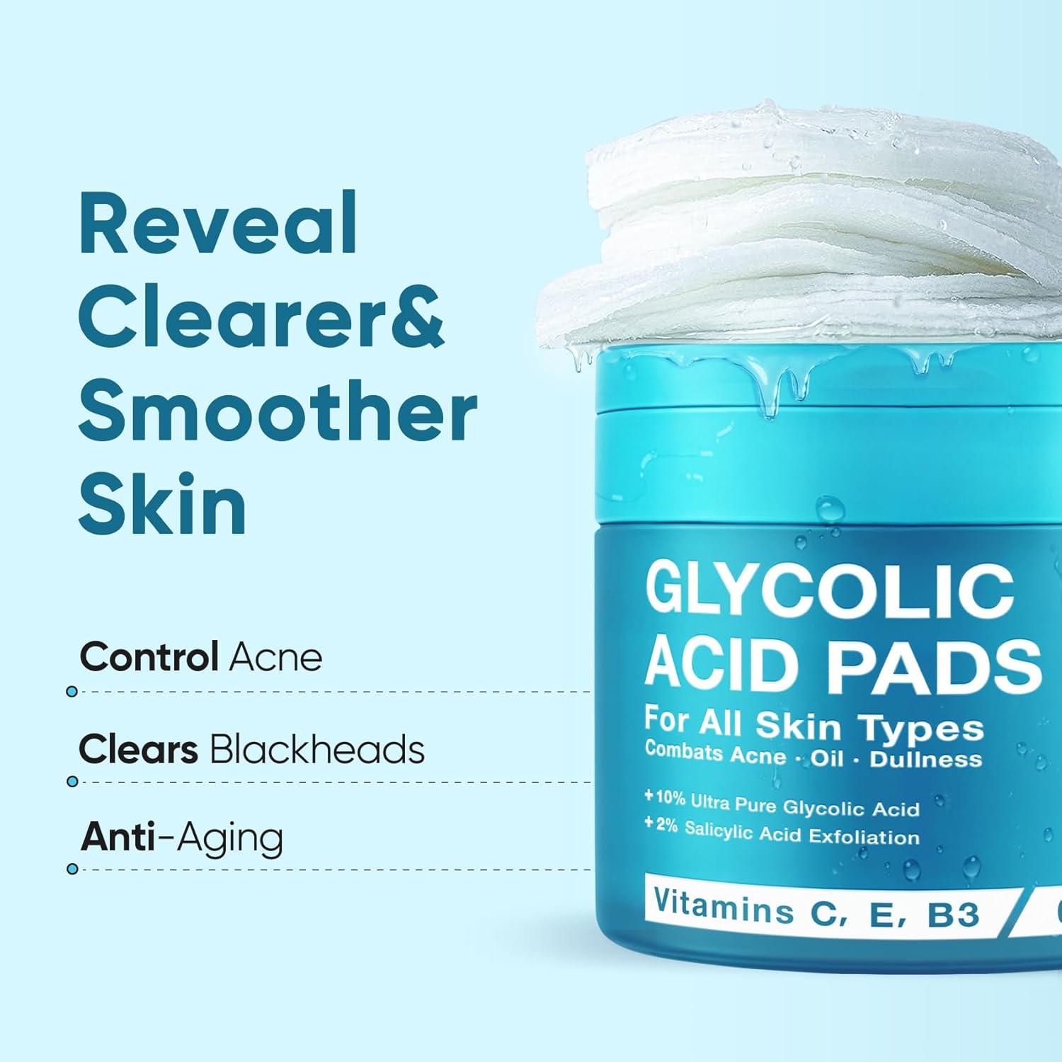 Elvira Glycolic Acid Exfoliating Facial Pads With 10% Glycolic Acid, 2% Salicylic Acid & Niacinamide - 60 Toner Pads, Daily Peel Treatment for Acne Prone Sensitive Skin