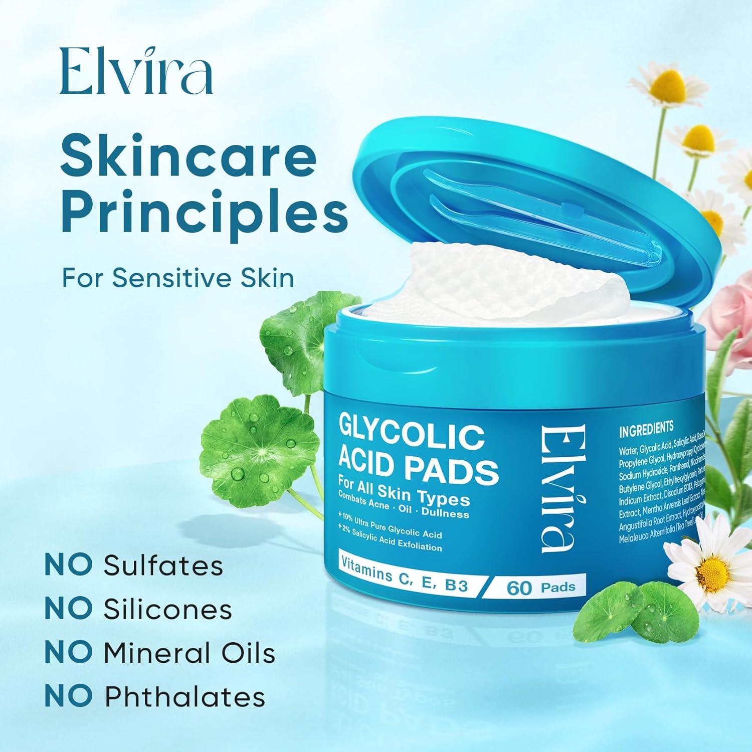 Elvira Glycolic Acid Exfoliating Facial Pads With 10% Glycolic Acid, 2% Salicylic Acid & Niacinamide - 60 Toner Pads, Daily Peel Treatment for Acne Prone Sensitive Skin