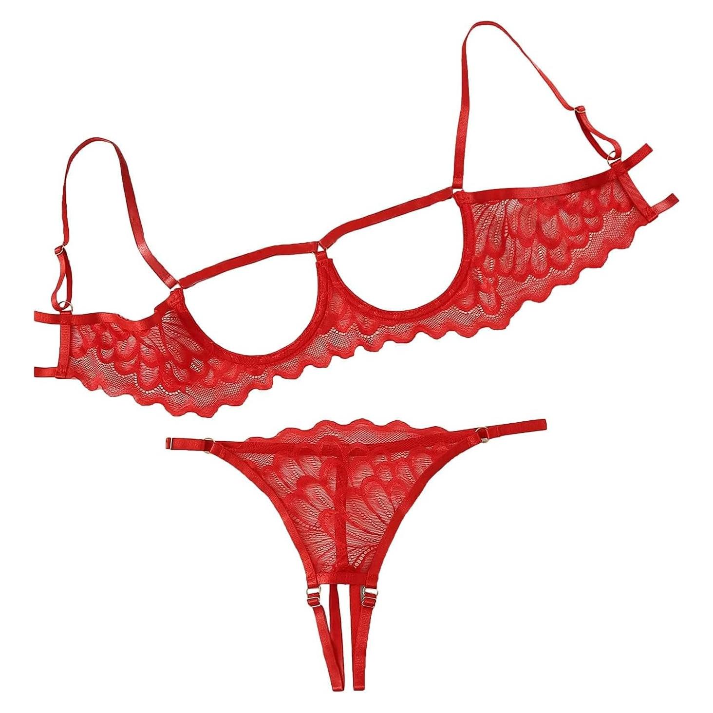 Conjunto Lencería Encaje Floral Lilosy Rojo 2 Piezas