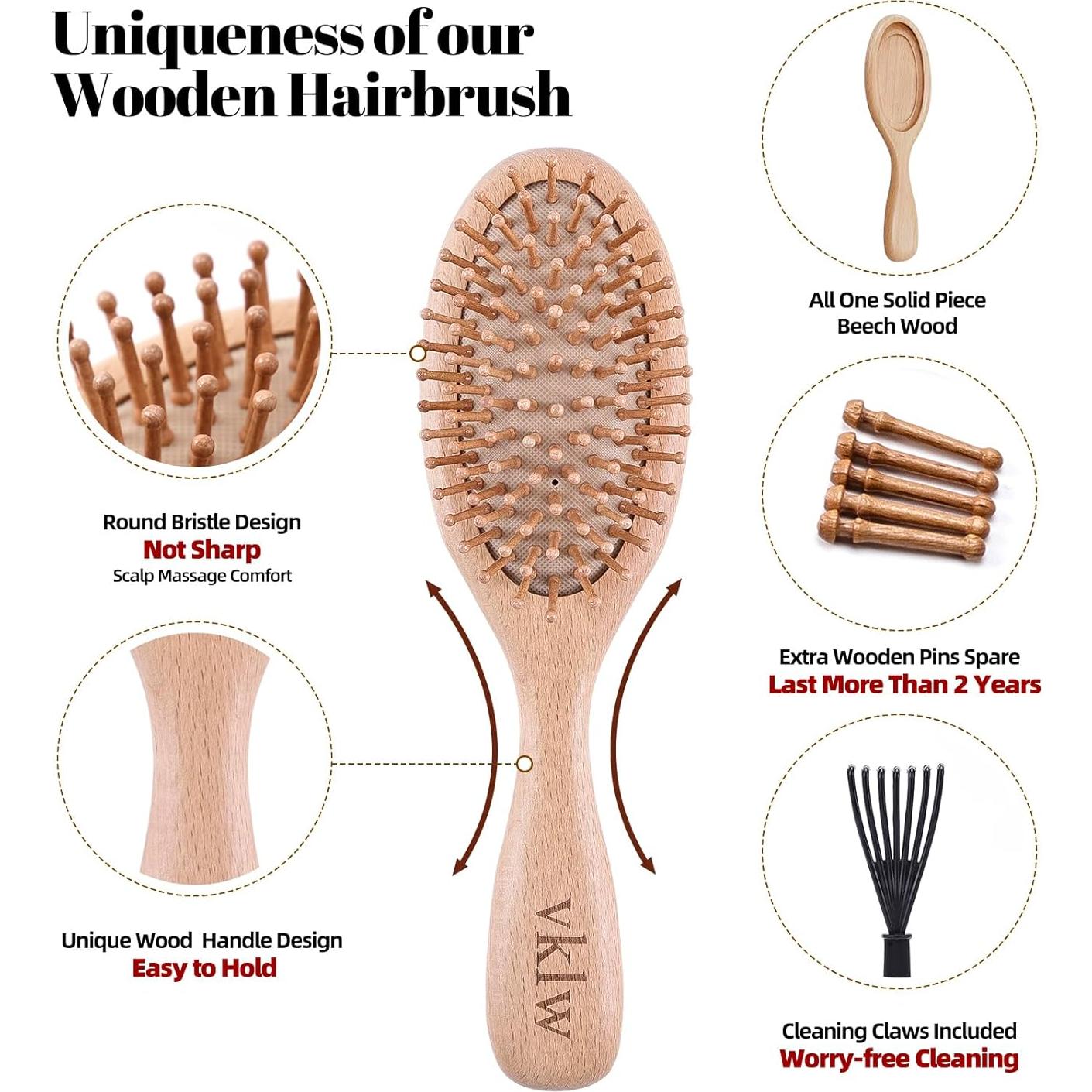 Cepillo y Peine de Madera VKLW, Antiestático, Incluye Garra