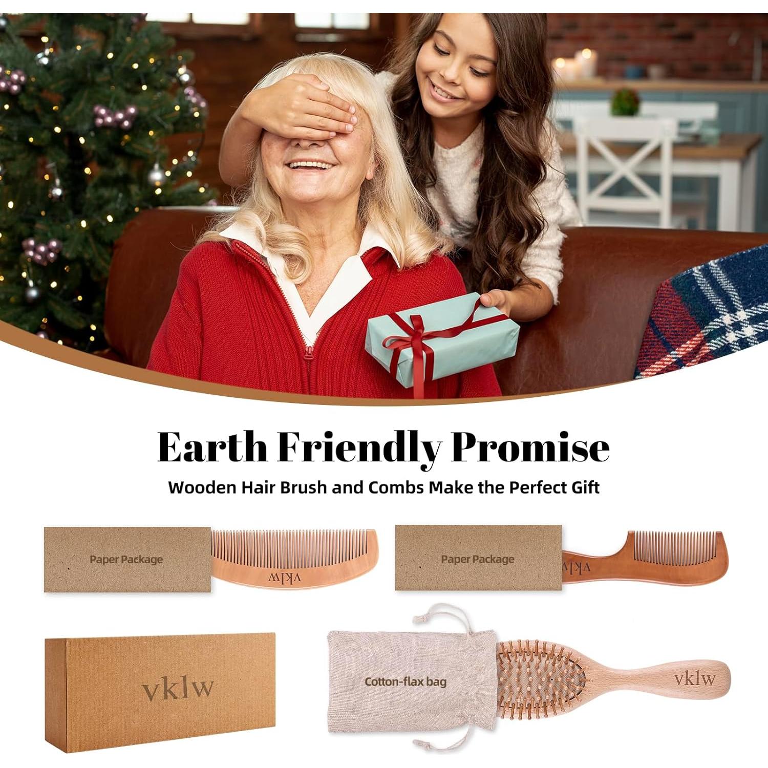 Cepillo y Peine de Madera VKLW, Antiestático, Incluye Garra