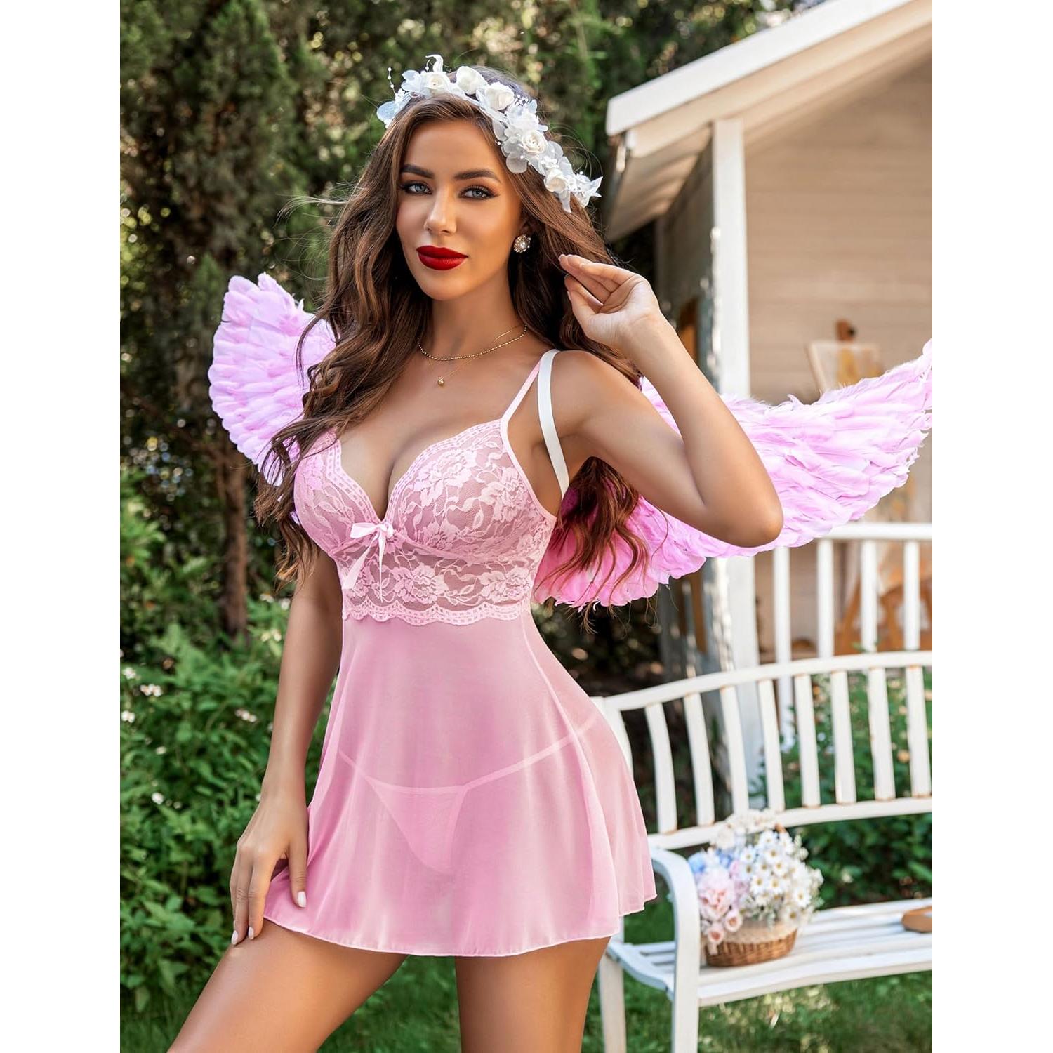 Avidlove Lencería Babydoll Rosa Encaje V Cuello Tirantes