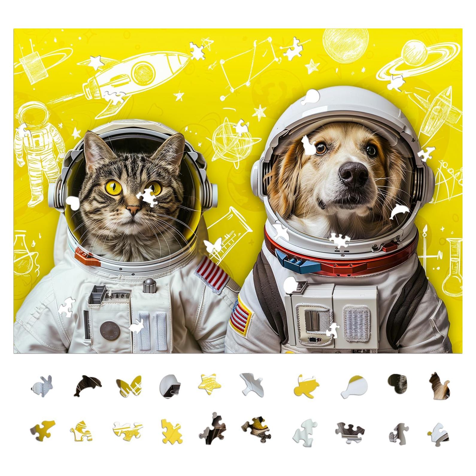 Astronaut Dog Cat Jigsaw Puzzles for Adults 1000 Pieces, Fun Unique Challenging Shape Difficult Fun Puzzle for Game, Family, Friends, Puzzle, Size: 26.6 x 19.2