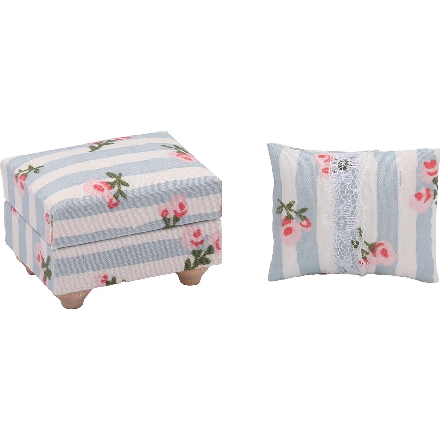 Sofá Miniatura Inusitus con Otomana Azul 1/12 para Muñecas