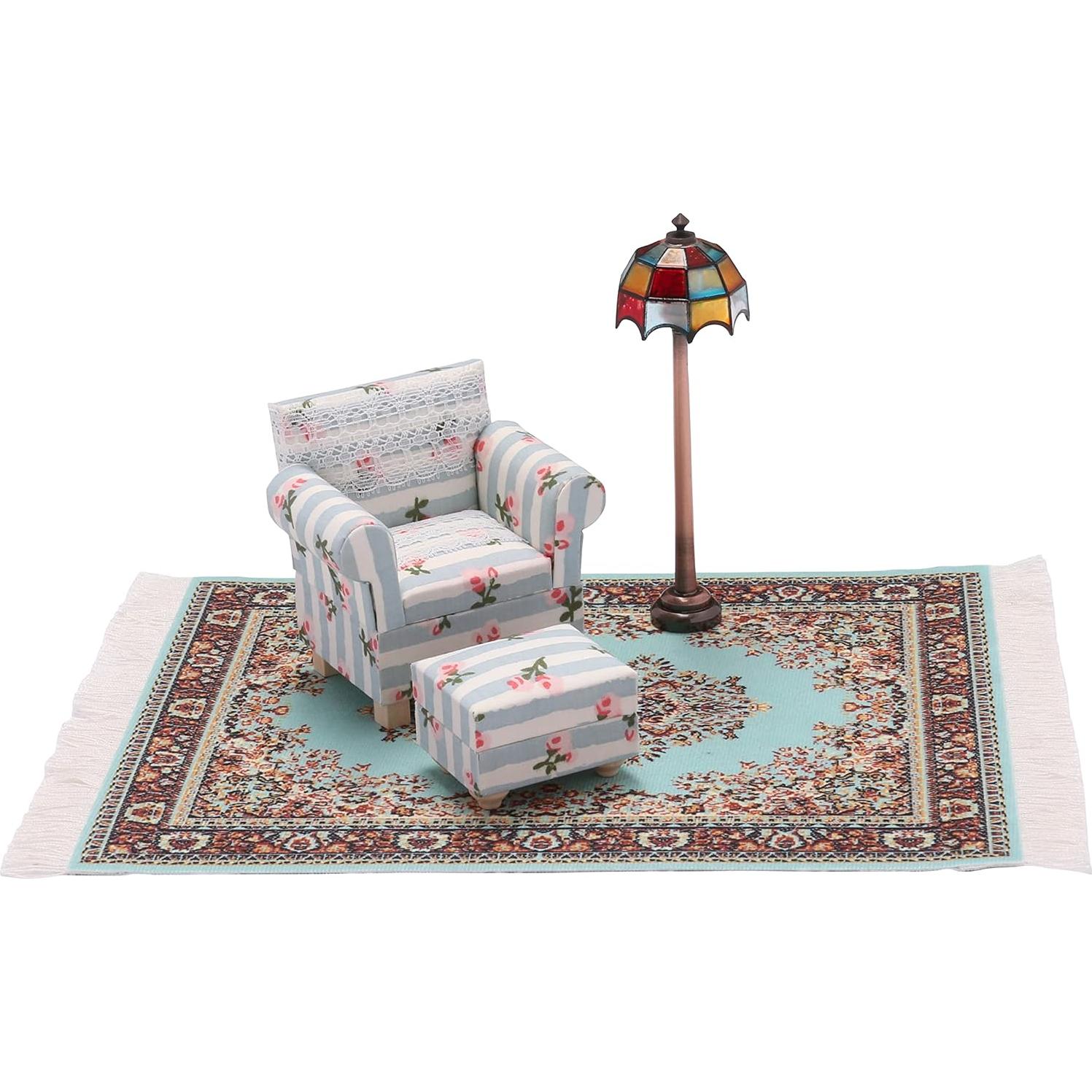 Sofá Miniatura Inusitus con Otomana Azul 1/12 para Muñecas