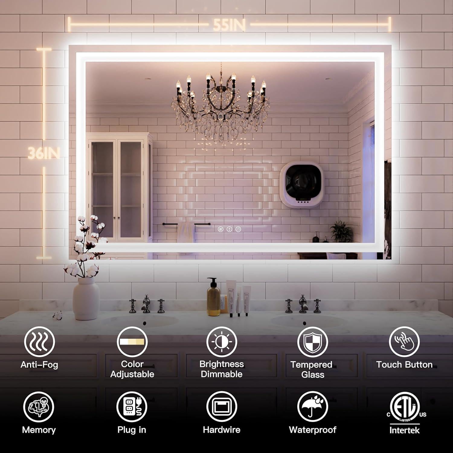 Espejo LED ISKM 139.7x91.4 cm para baño iluminado