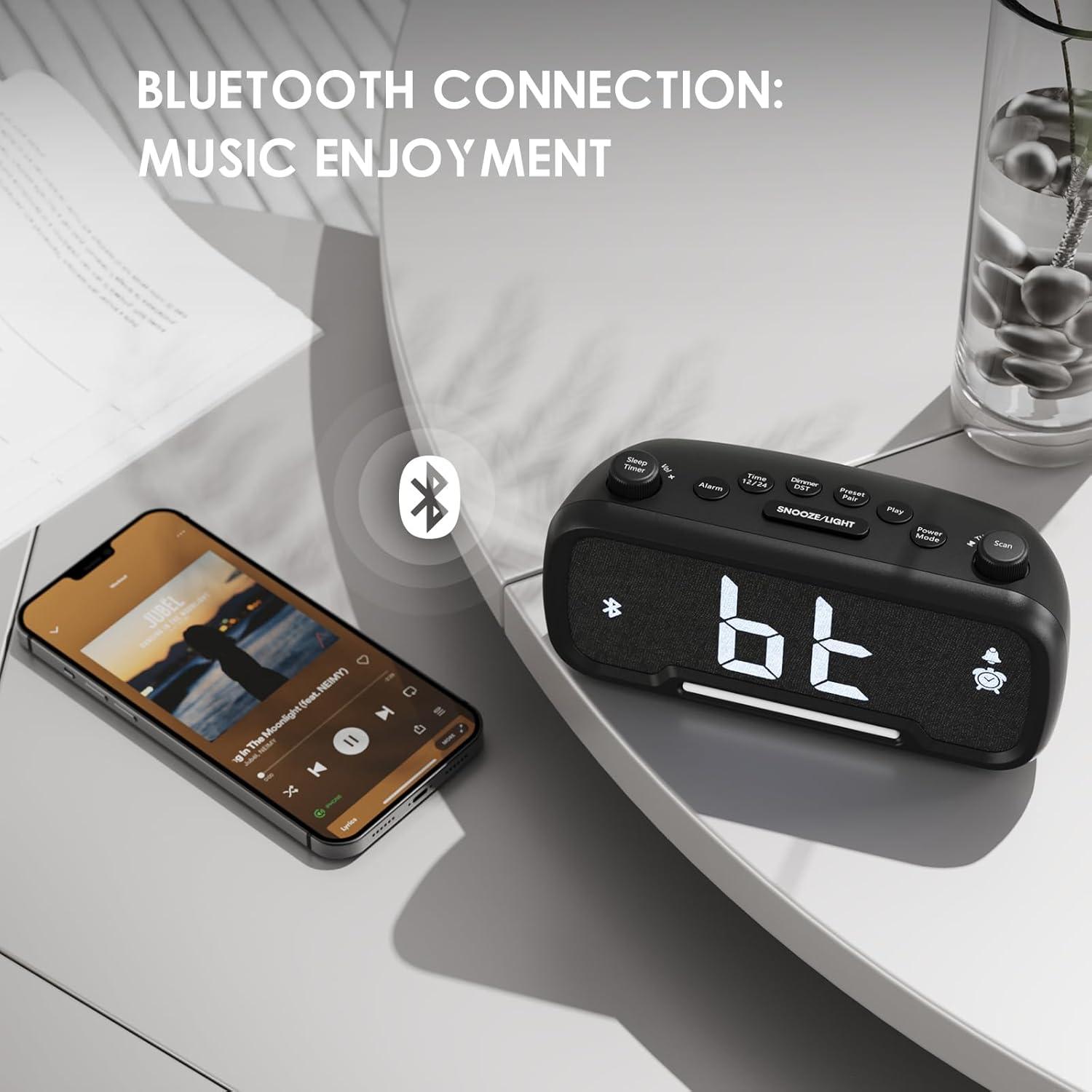 Reloj Despertador ROCAM con Radio FM y Bluetooth Negro