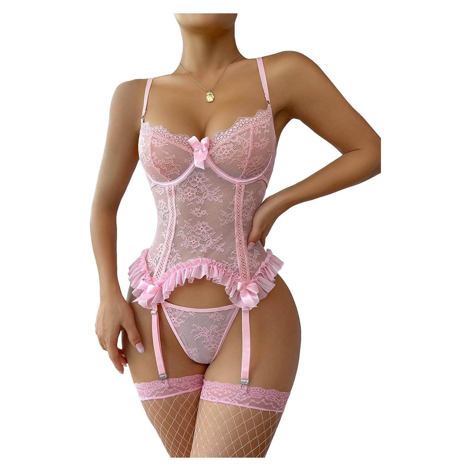 Conjunto de Lencería Sexy WDIRARA 7 Piezas Encaje Rosa Claro