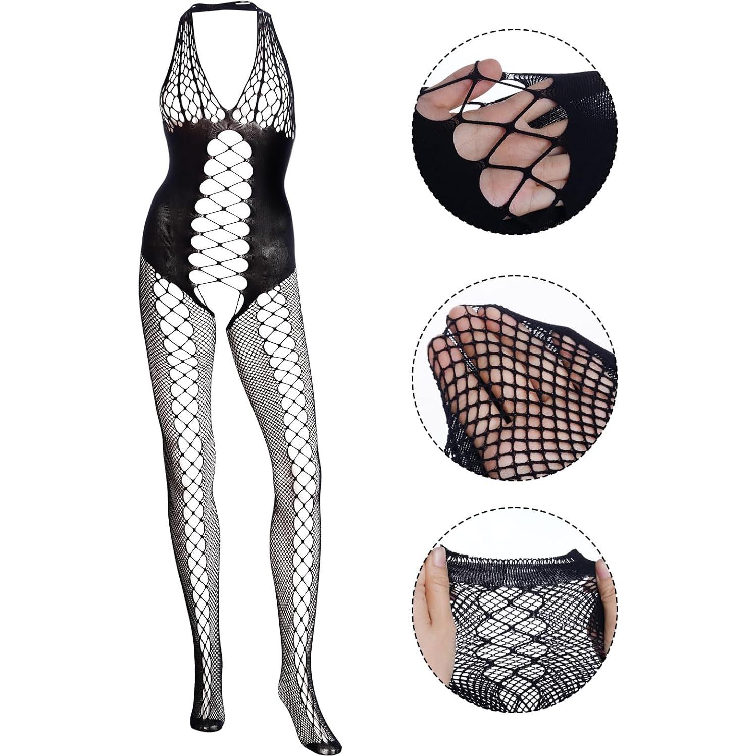 Fengek 3 Piezas Bodysuits Mallas Lencería Mujeres Negro