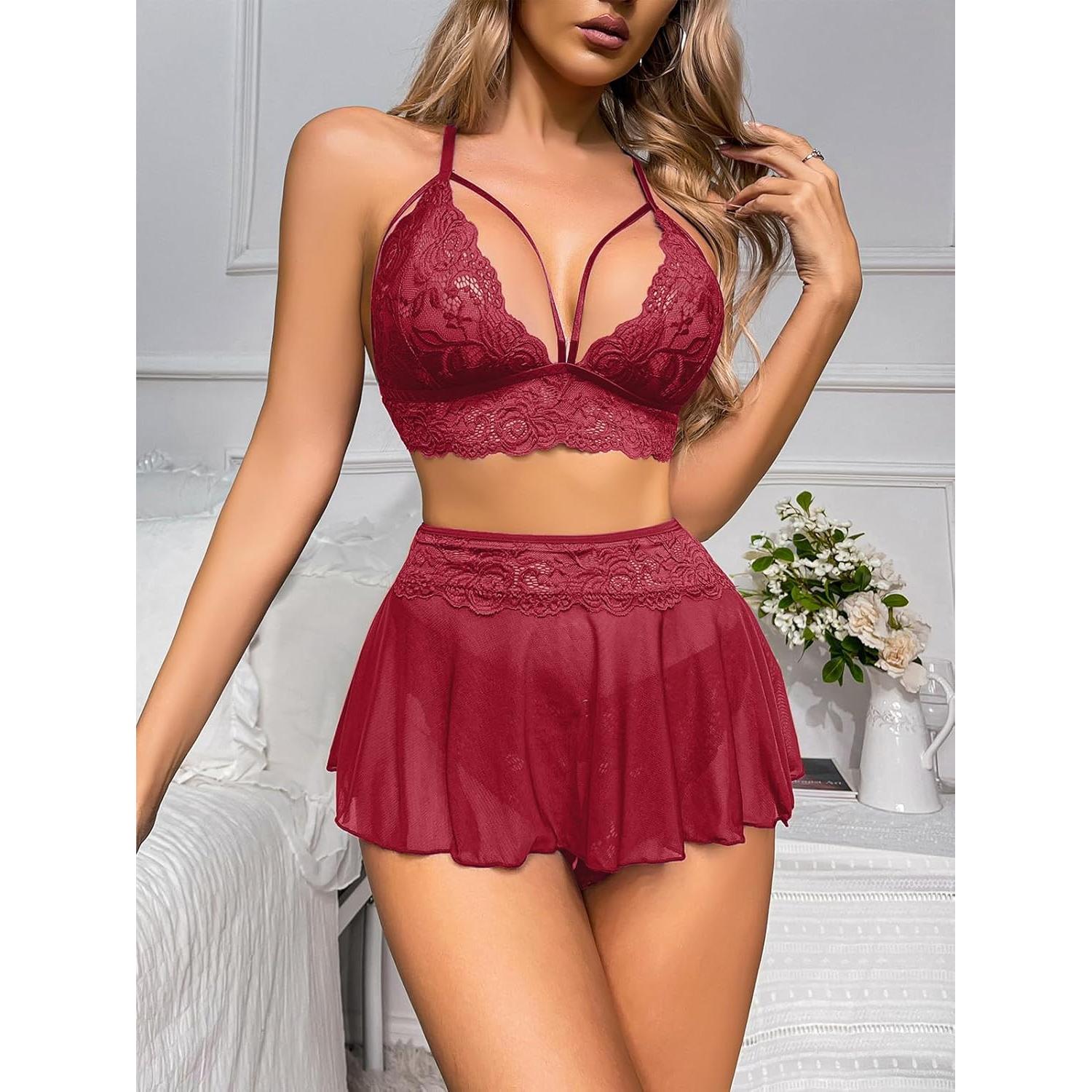Conjunto de Lencería Sexy GIEAUAU 3 Piezas Rojo Vino