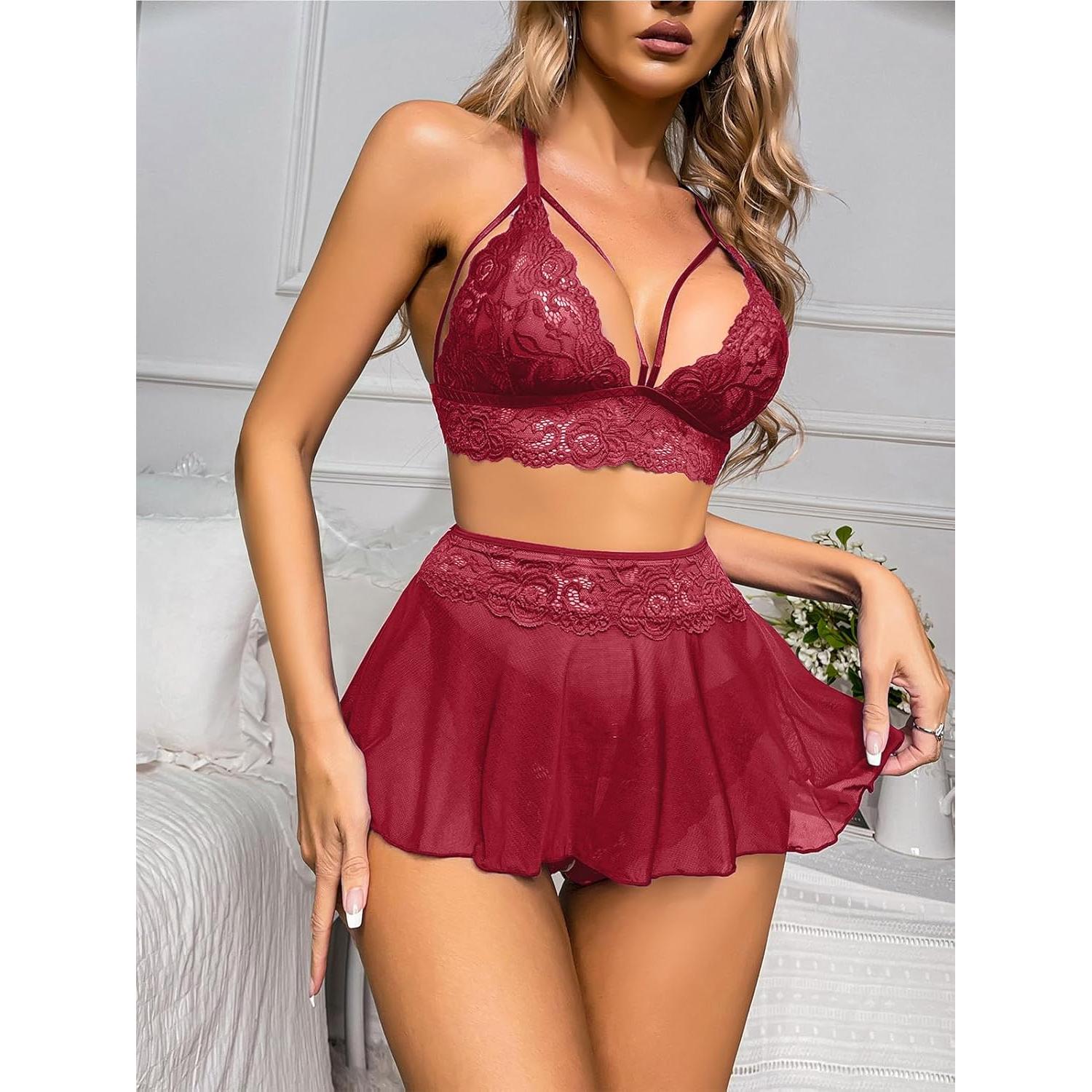 Conjunto de Lencería Sexy GIEAUAU 3 Piezas Rojo Vino